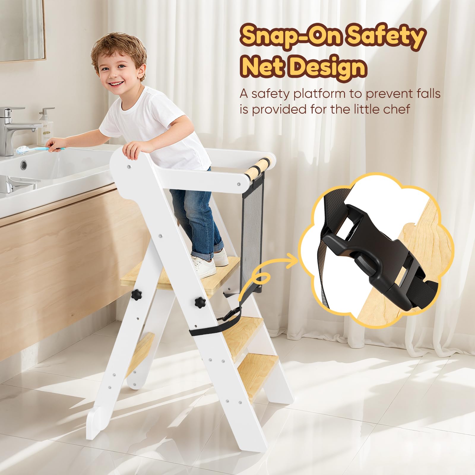 Tour d'apprentissage Montessori Réglable en Hauteur Pliable Anti-Bascule pour Enfants 18 Mois à 6 Ans Bois Naturel