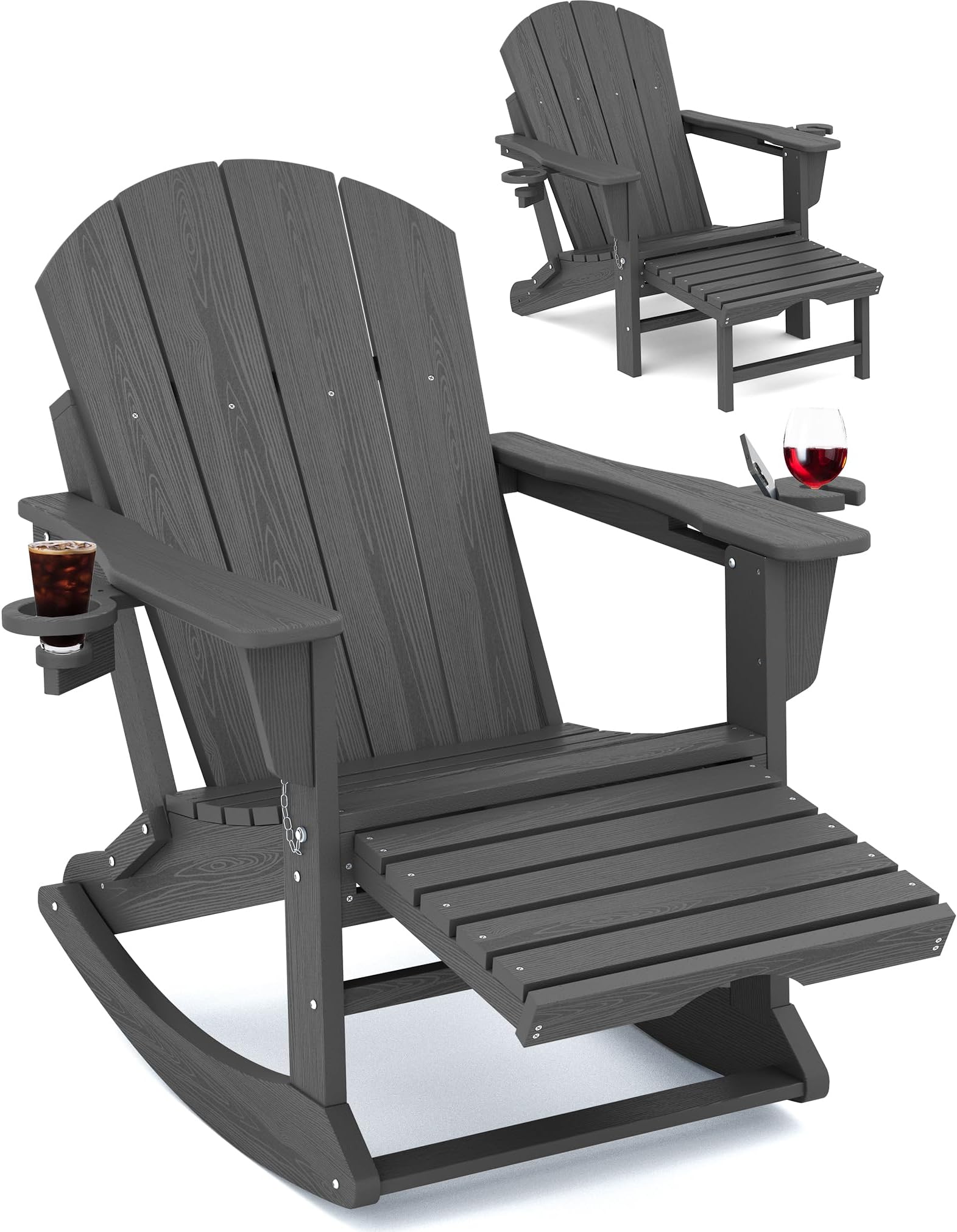 Adirondack Rocking Chair with Retractable Ottoman and Cup Holders, HDPE Adirondack Rocker Patio Rocking Chair for Porch, Patio, Balcony, Leaden Grey