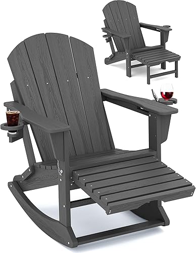 KINGYES Adirondack - Mecedora con otomana retráctil y portavasos, silla reclinable Adirondack Rocker de HDPE para patio, porche, patio, balcón, gris