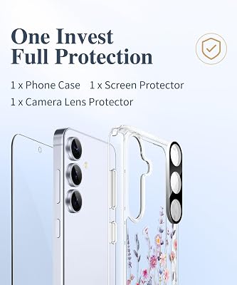 GVIEWIN Compatible with Samsung Galaxy S25 Case, Clear Floral Slim Shockproof Protective Women Phone Case, Non-Yellowing, with Screen Protector & Camera Lens Protector 6.2, Floratopia/Colorful