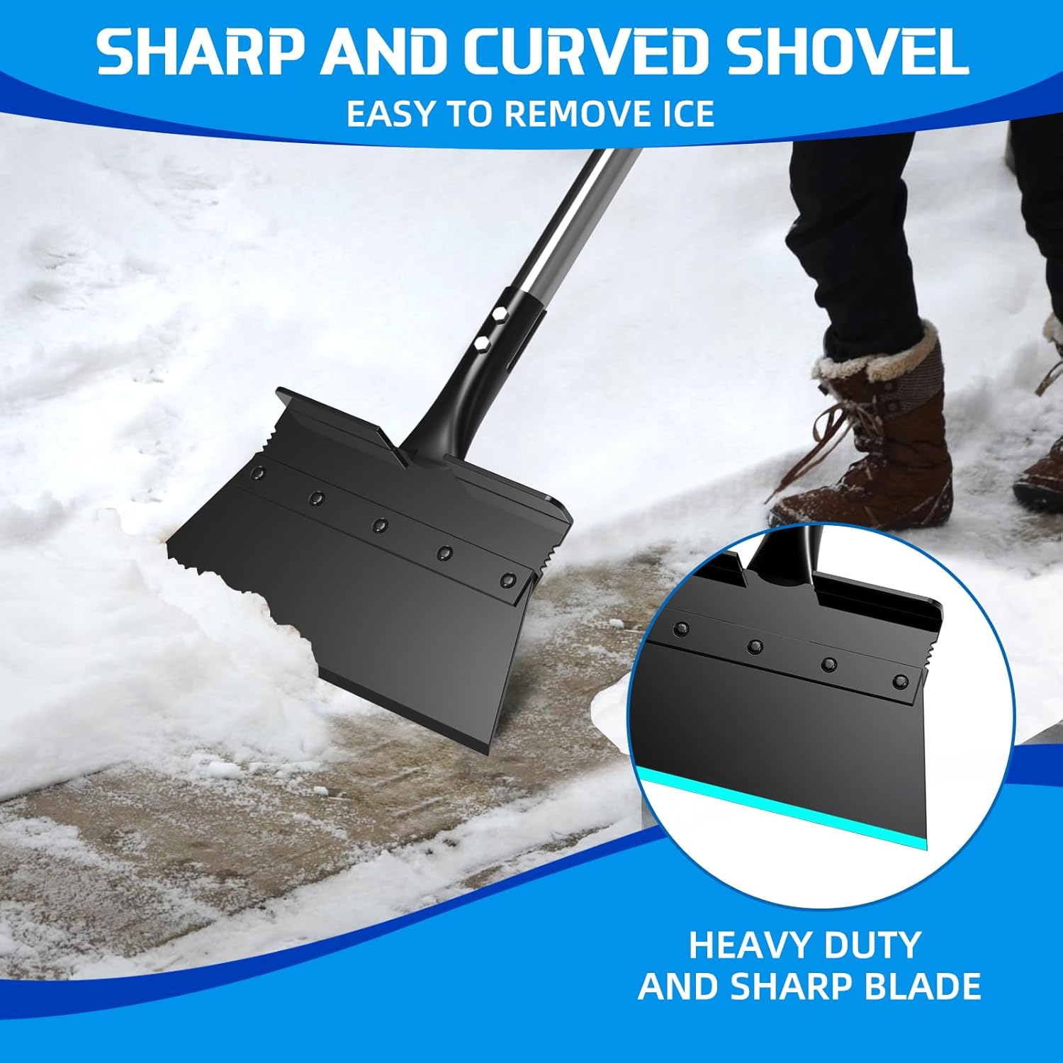 Snow Shovel, EOMEOH Ice Scraper Heavy Duty, 11"Wider Garden Flat Floor Scraper with 53" Long Adjustable Handle, Multifunctional Gardening Spade Shovel, Cleaning Scraper for Driveway, Weed, Lawn Edging