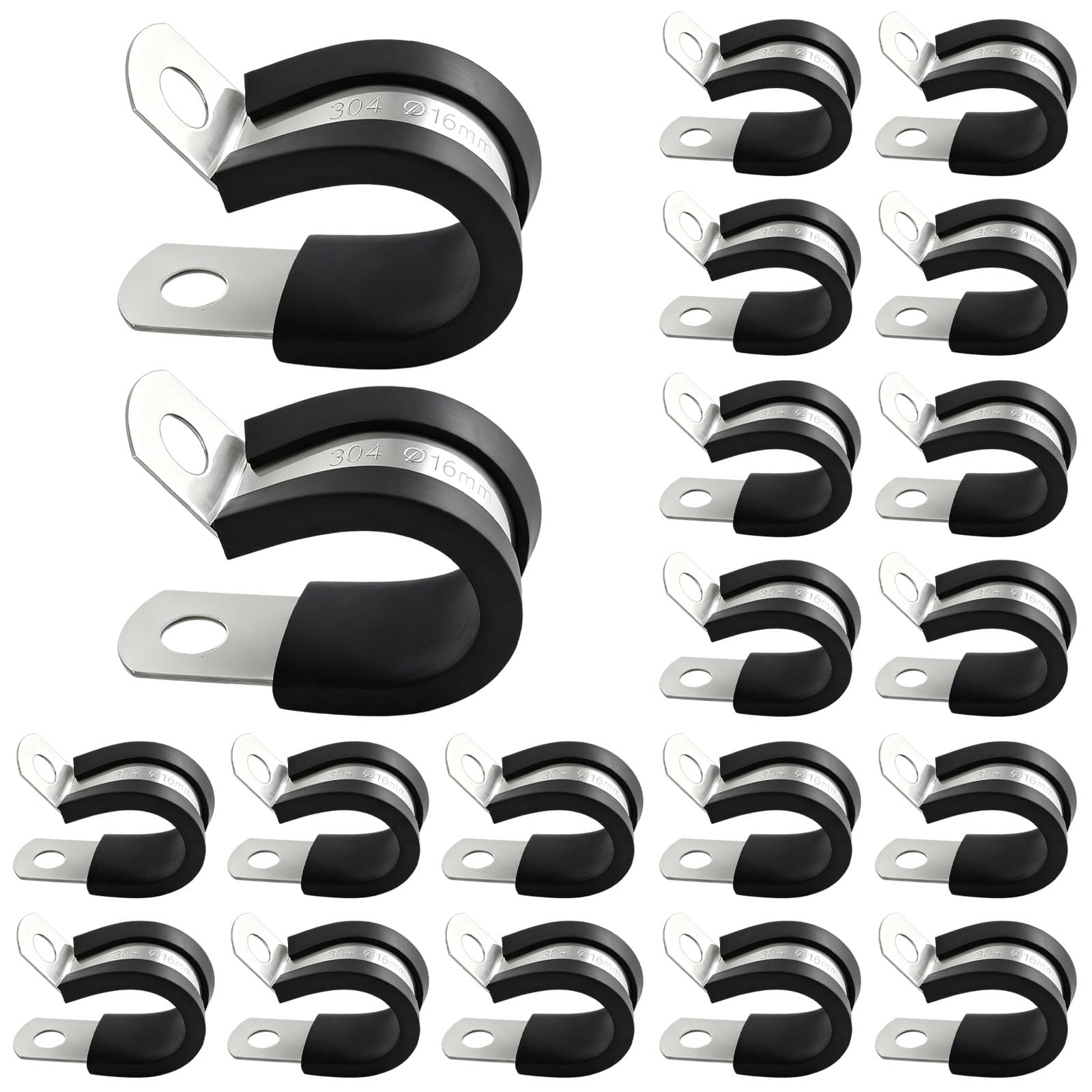 Vbgurr Black 20Pcs Cable Clamp 16Mm, 304 Stainless Steel Rubber Lined P Clips (16Mm)