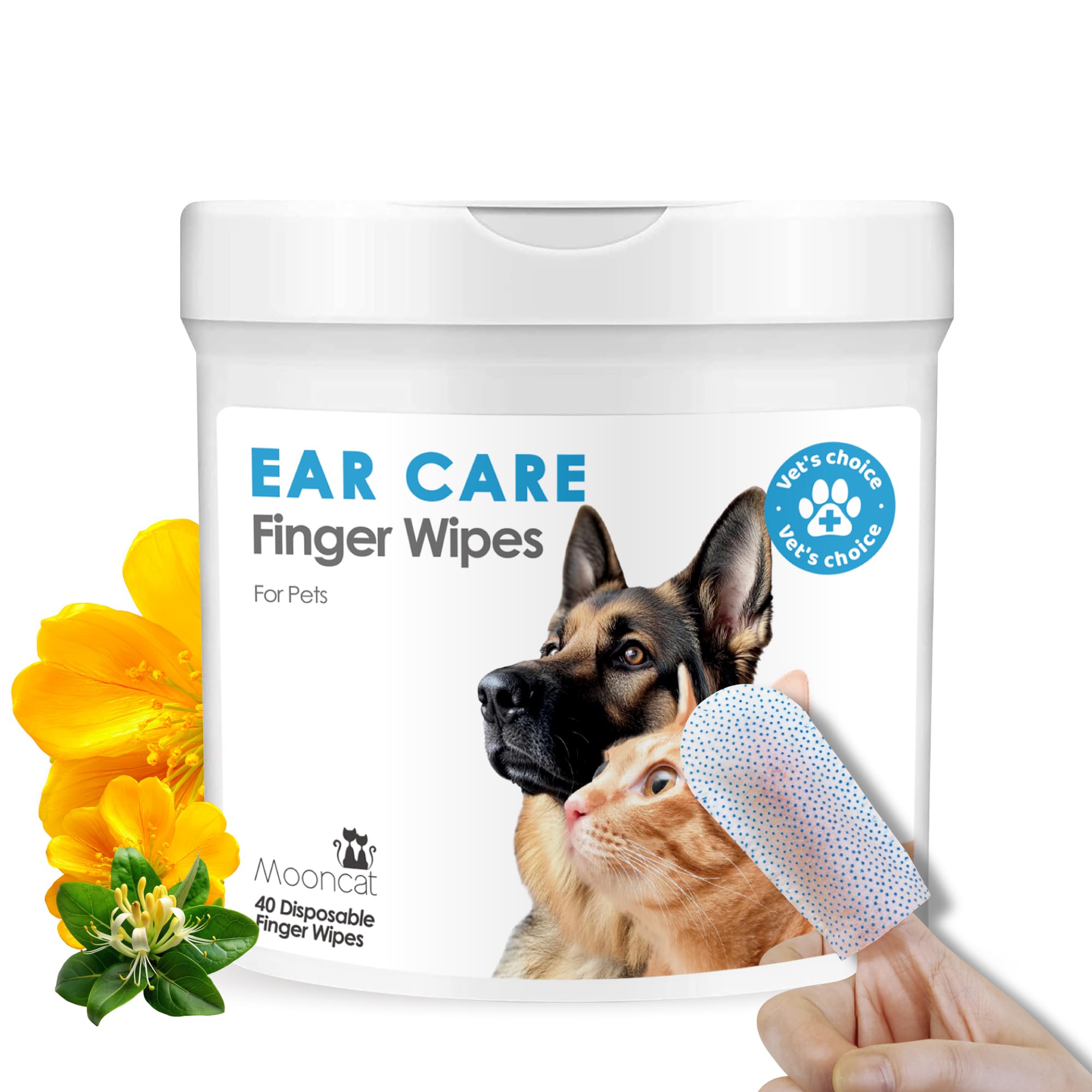 - Cat & Dog Ear Cleaner Wipes - Gentle Finger Wipes for Ear Infection, Mites, Wax & Odor - Easy & Soothing Itch Relief Cleaning Solution for Sensitive Ears - 40 Finger Wipes
