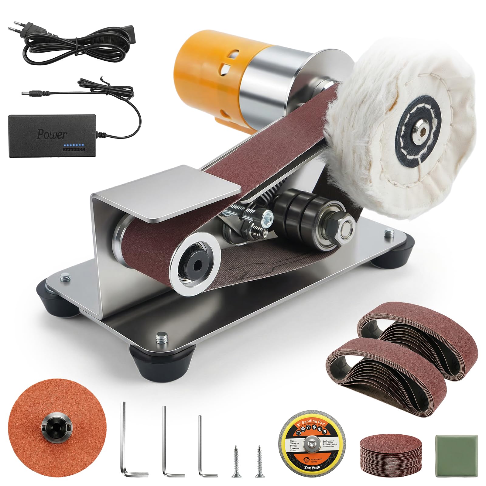 Elektrischer Bandschleifer, Mini-Bandschleifer Poliermaschine, 15-Grad-Messerschärfer with 20 Sanding Belts and 20 Pieces Sandpaper, Belt Sander for Metal Polishing, Wood Polishing and Tool Sanding