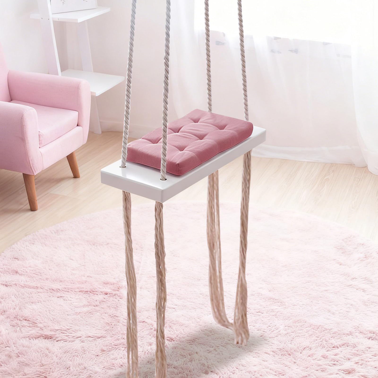 Columpio colgante de madera maciza rosa con acolchado para niños