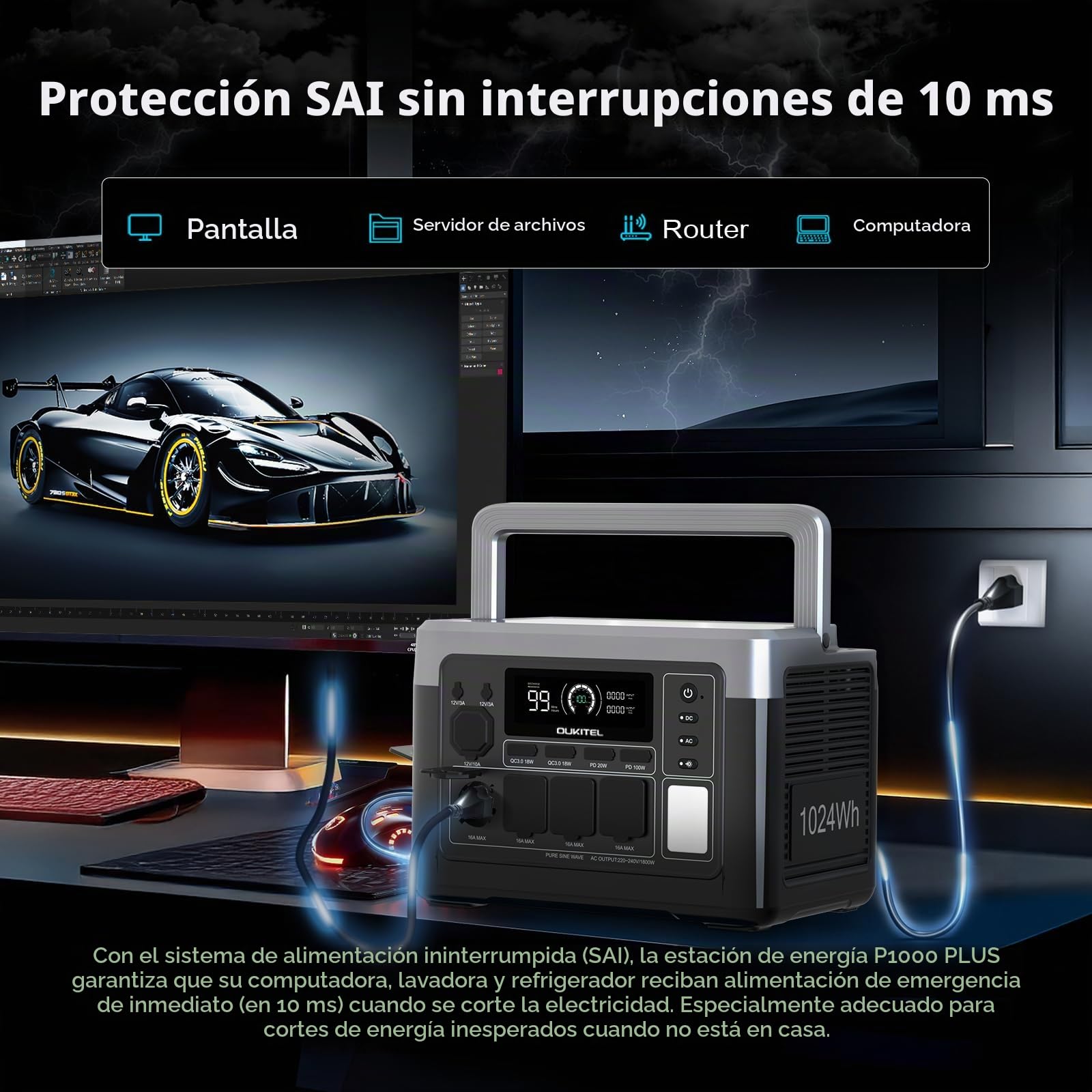OUKITEL P1000PLUS Estación de Energía Portátil 1800W(Máxima 3600W) con Panel Solar 100W, Generador Solar con Batería LiFePO4 1024Wh, Carga Rápida de 1200 W
