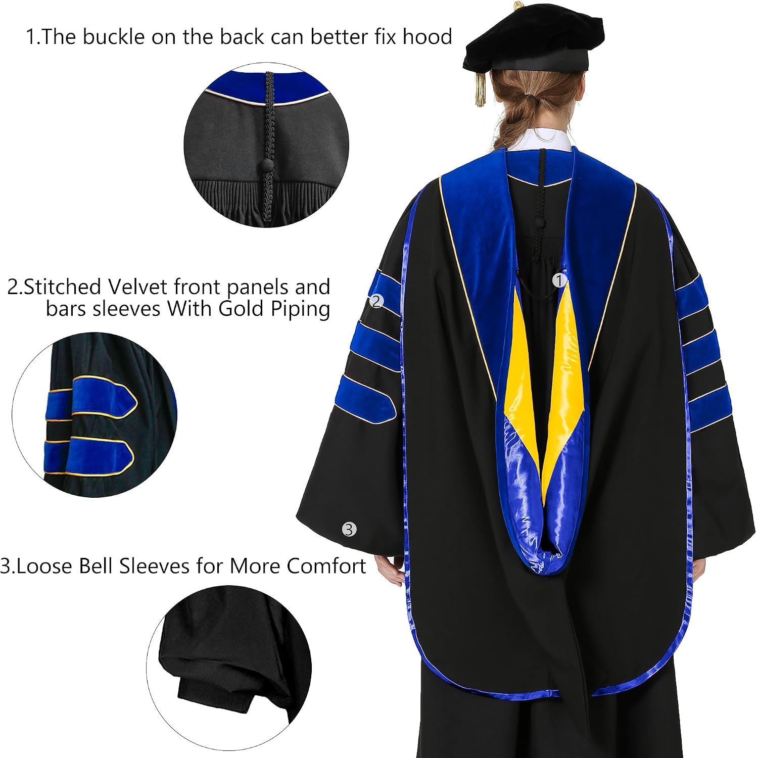 GraduationMall Deluxe Doctoral Graduation Gown with Hood and 8 Sided Tam Package for Academic Faculty and Professor