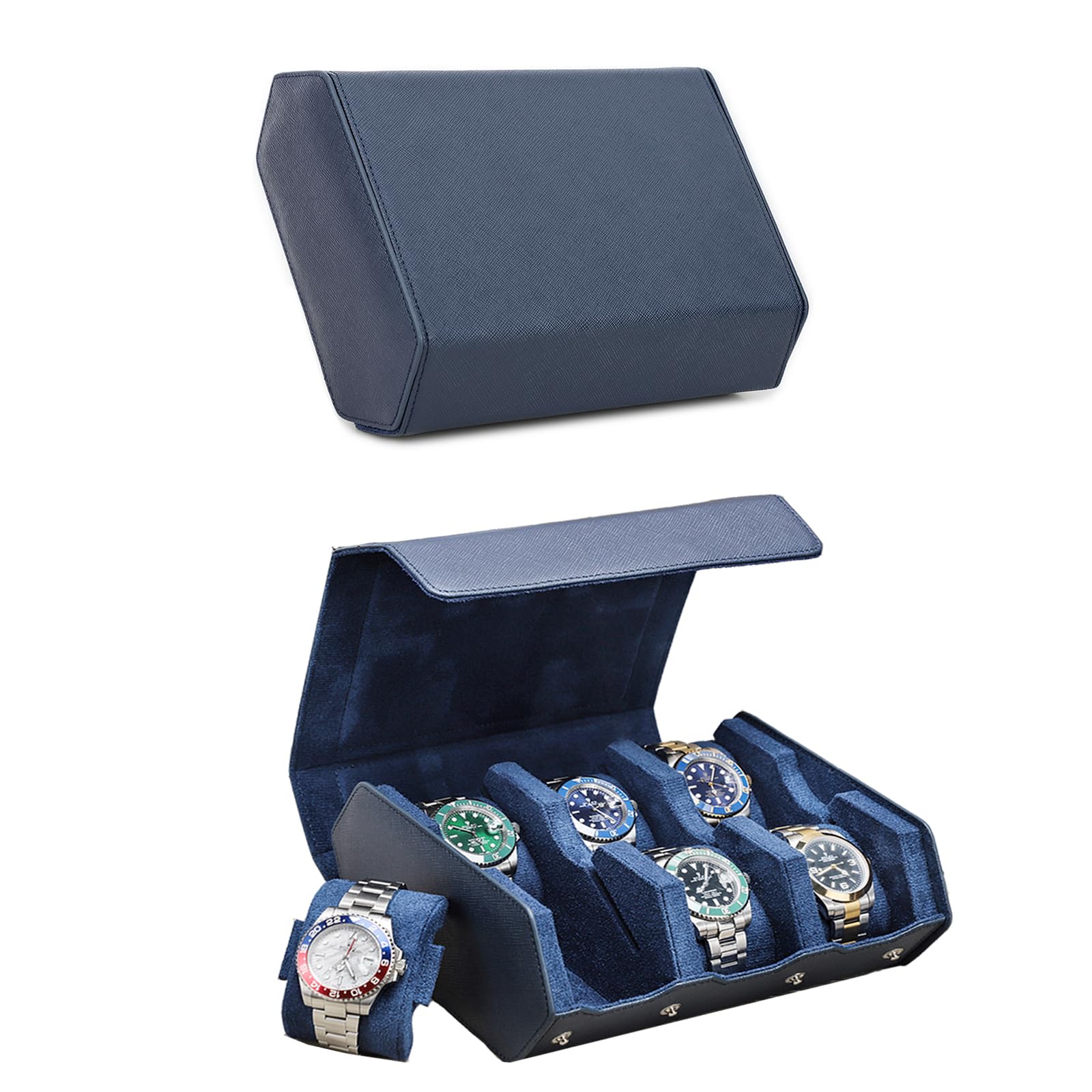 HVMBEUGOS Hiram Hexagon Watch Case Genuine Saffiano Leather Watch Box for 6 Watches, Leather 6-Slot Watches Protective Storage Case Watch Display Organizer for Men (Blue)