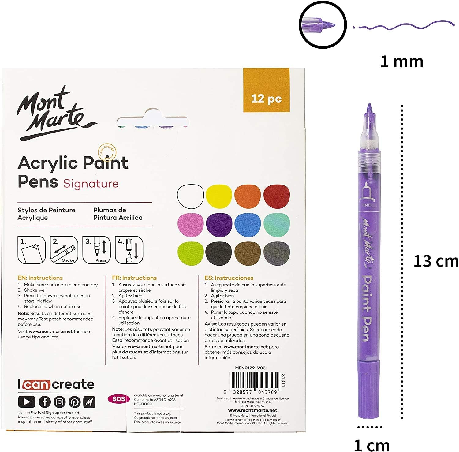 Mont Marte Signature Acrylic Paint Pens, 12 Piece, Waterproof, Suitable for Most Surfaces Including Canvas, Card, Rocks, Fine Bullet Tip (1mm)