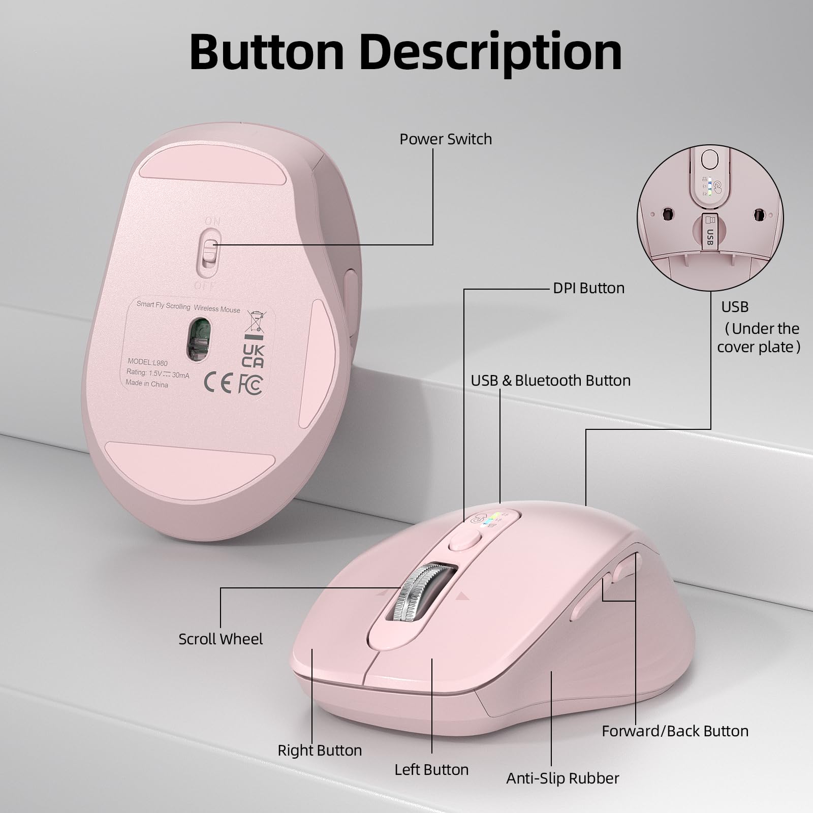 Wireless Bluetooth Ergonomic Silent Pink Mouse for Laptop & Mac, Multi-Device (BT1/BT2 + 2.4G USB) One-Click Switch, 4-Way Metal Scroll Wheel, 3000 DPI Office Mouse for PC MacBook iPad