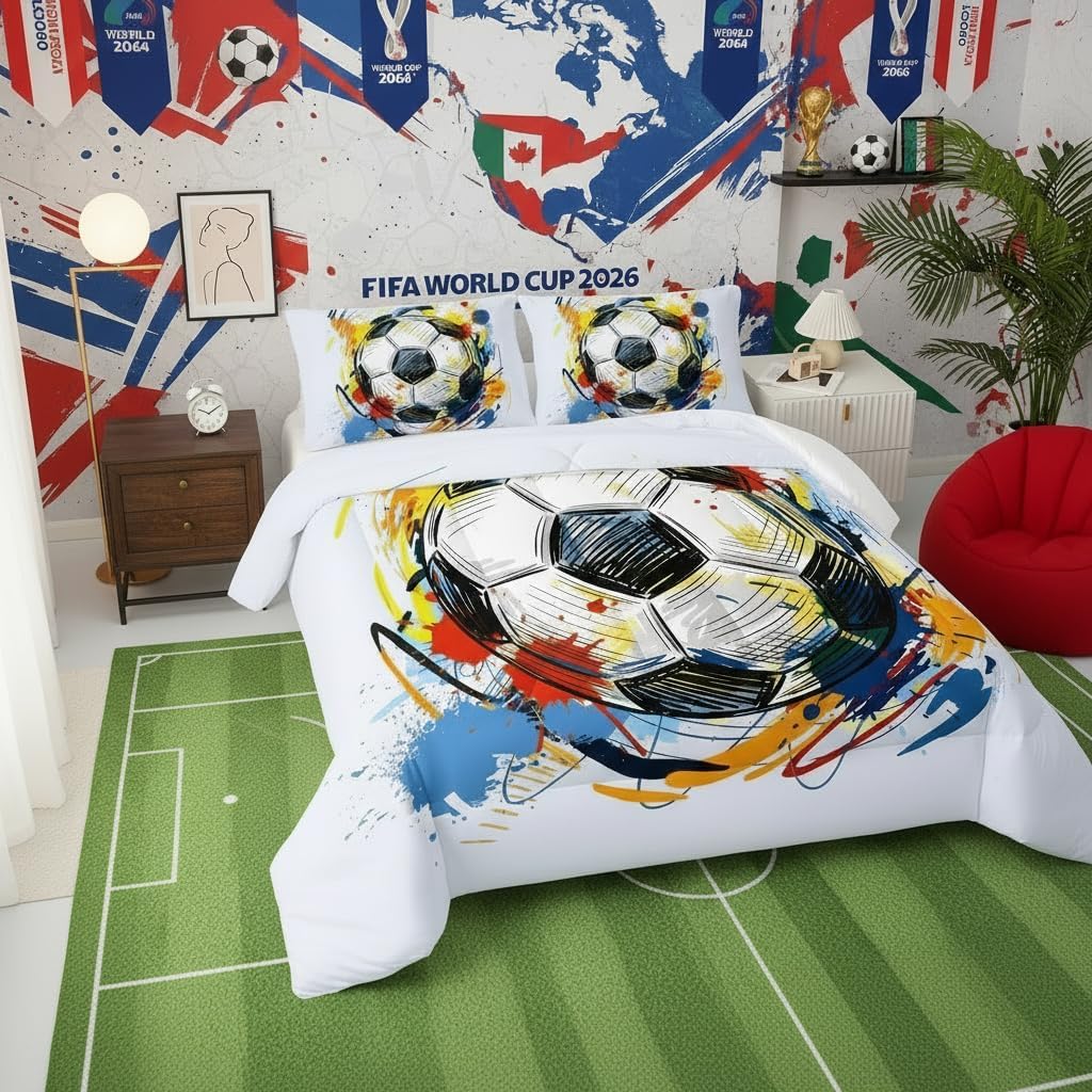 BSNTHO Soccer Comforter Set Boys Sports Bedding Set Twin Size for Kids Teens Hand Drawn Football Graffiti Style Comforter Design 3 Piece with 1 Comforter 2 Pillowcases