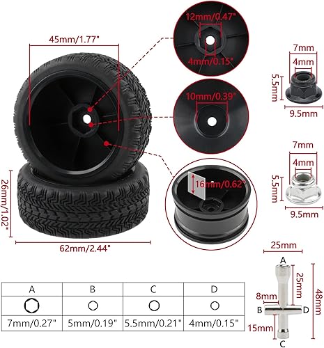 Miniatura 3 de Rchobbytop Juego de 4 ruedas hexagonales de 0.472 in y neumáticos con tuercas de seguridad y llave para RC 110 On Road Racing Touring Car