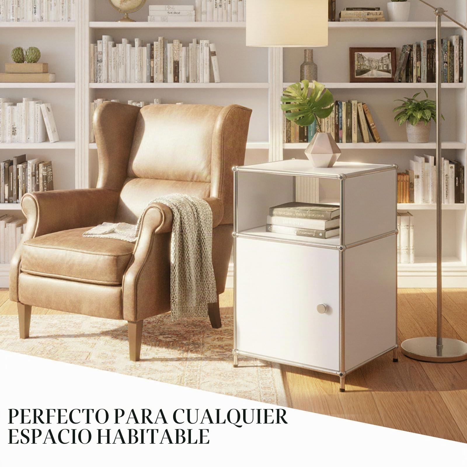 Floordirekt Concept Epure MK-040 - Estantería de metal, mesa auxiliar, color blanco, cromo, 65 x 40 cm, sistema modular de ranuras en diseño moderno, estantería de metal para salón, oficina, pasillo