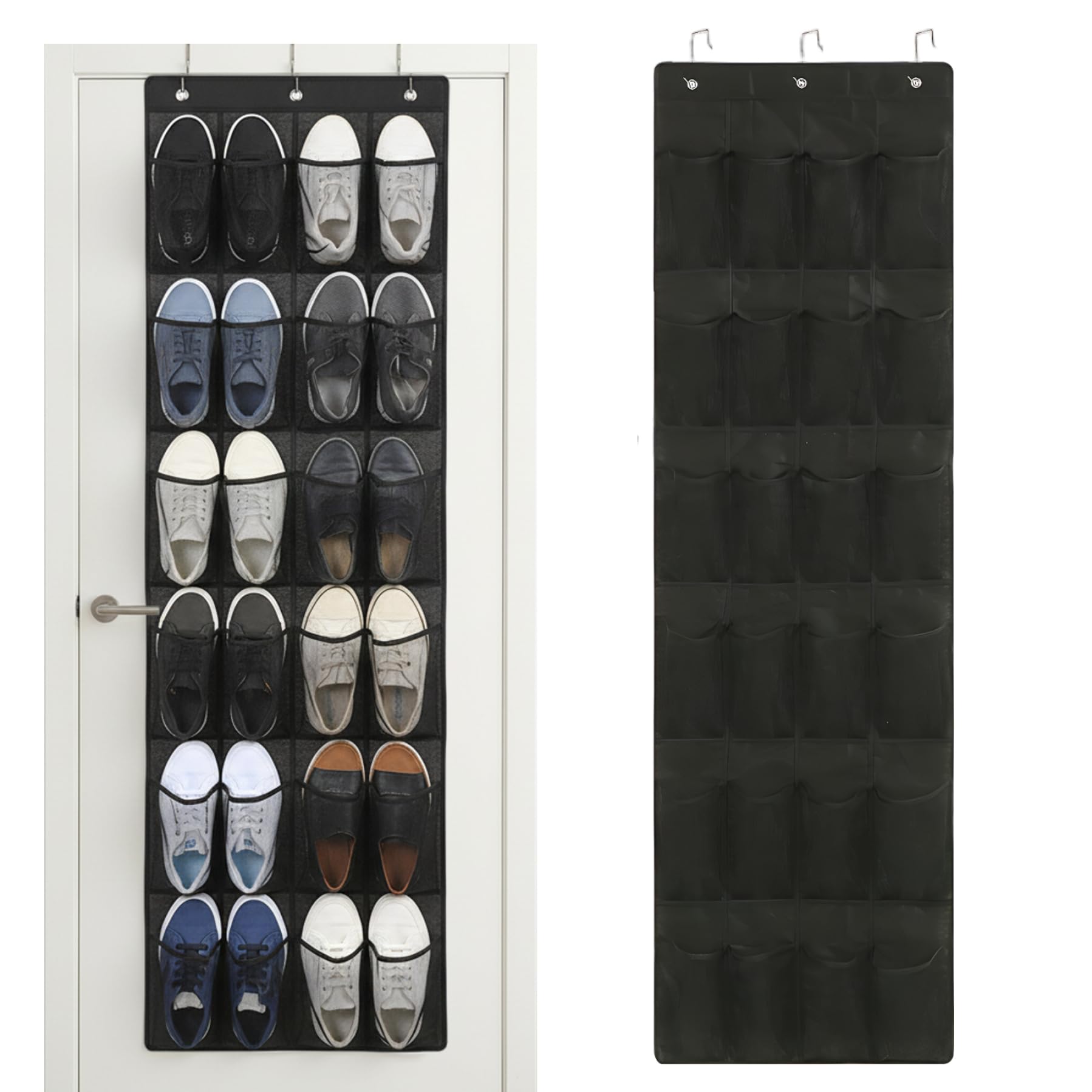 Otbushit Black Shoe Hanger for Door 24 Mesh Pocket over the Door Shoe Organizer Space Saving Hanging Storage Holder with Hooks 64x19 Inch