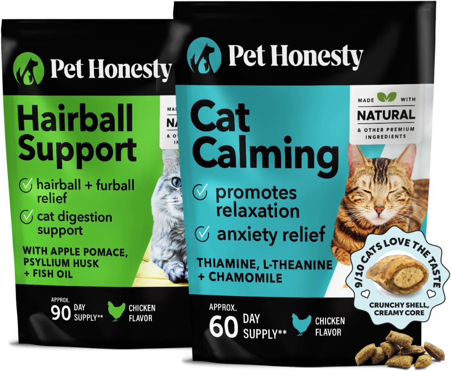 Cat Hairball Support + Cat Calming Crunchy & Creamy Chews Essential Bundle - Furball Treatment, Anxiety Relief for Cats (Chicken)