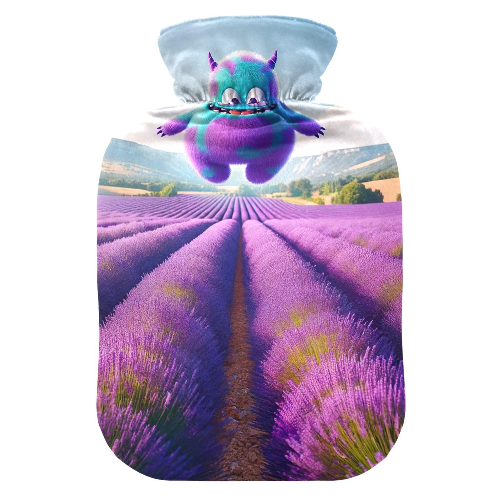 Cartoon Animal Floating Lavender Field Hot Water Bottles Water Heating Pad Hot Water Bag for Hot and Cold Compress, 1 Liters