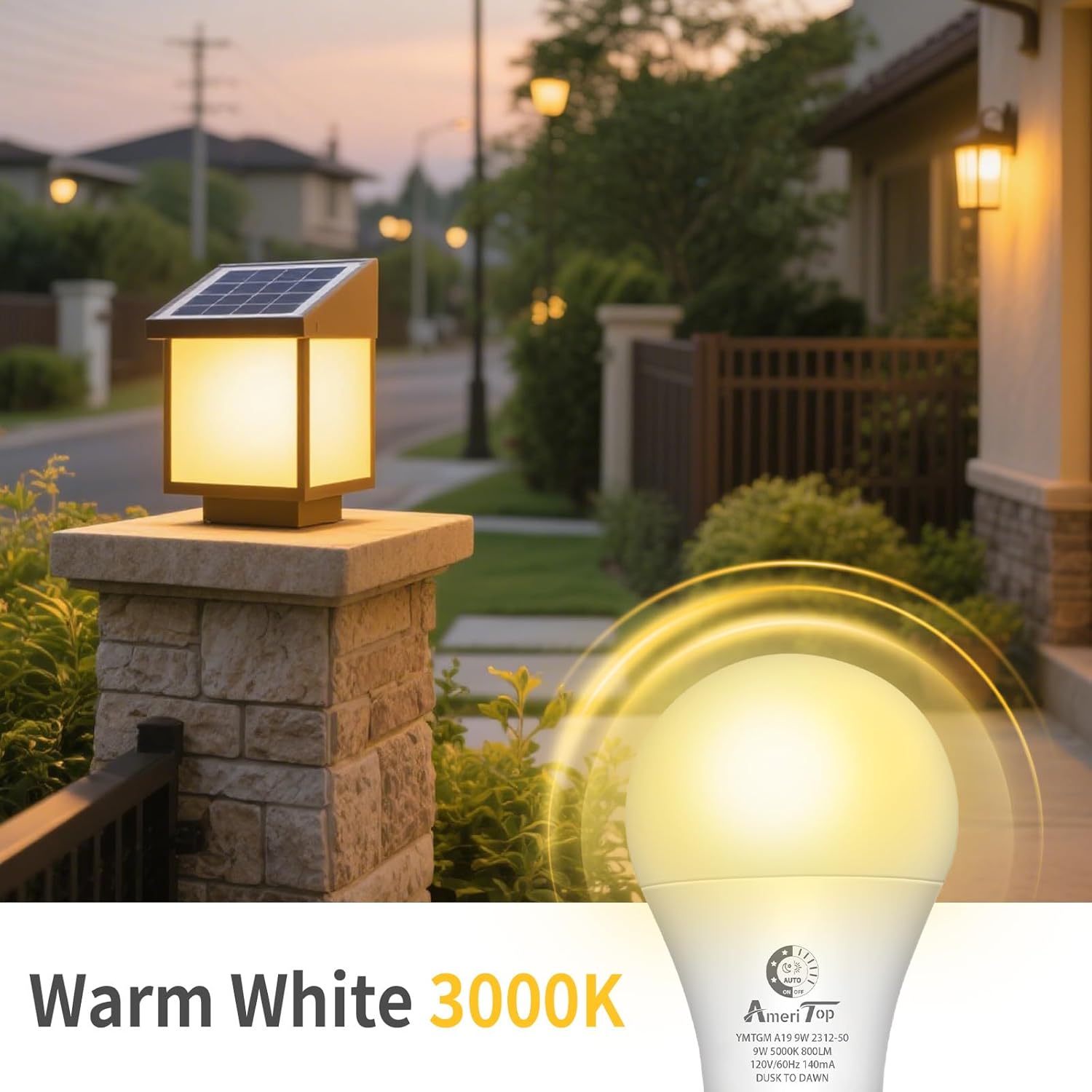 AmeriTop Dusk to Dawn Light Bulb- 2 Pack, A19 LED Sensor Light Bulbs; UL Listed, Automatic On/Off, 800 Lumen, 10W(60 Watt Equivalent), E26 Base, Indoor/Outdoor Lighting Bulb