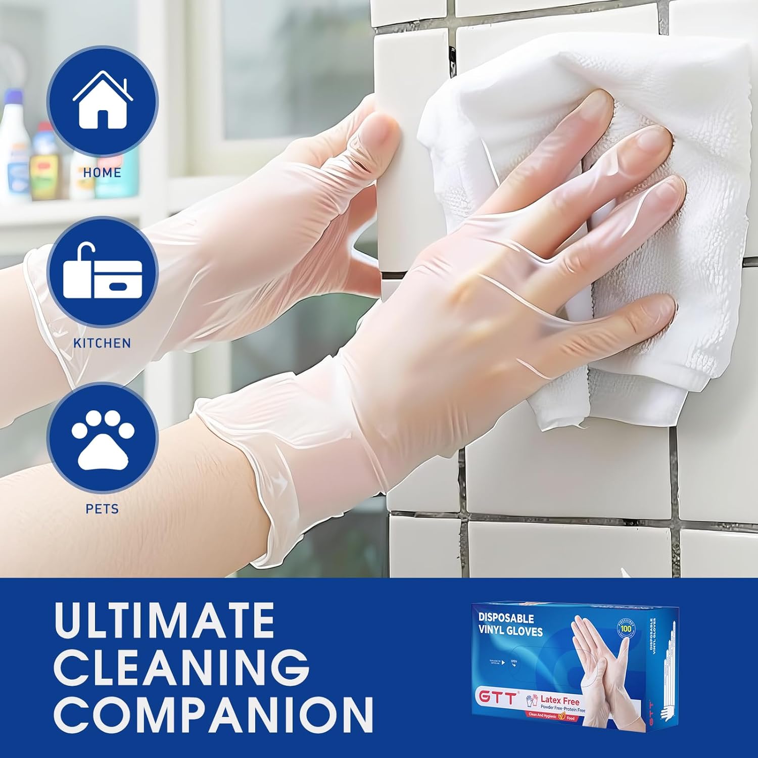 GTT Clear Vinyl Powder-Free Disposable Gloves,Latex-Free Food-Safe Cleaning Kitchen Exam Grade Household &Cleaning 1000 Count