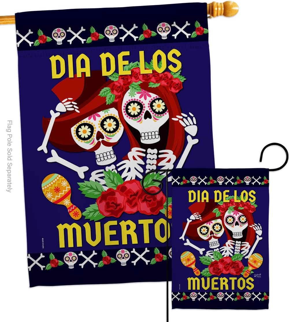 Dia De Los Muertos Pair House Flag Falltime Day of Dead Fiesta Mexican Party Autumntime Small Decorative Gift Yard Banner Made In USA 28 X 40