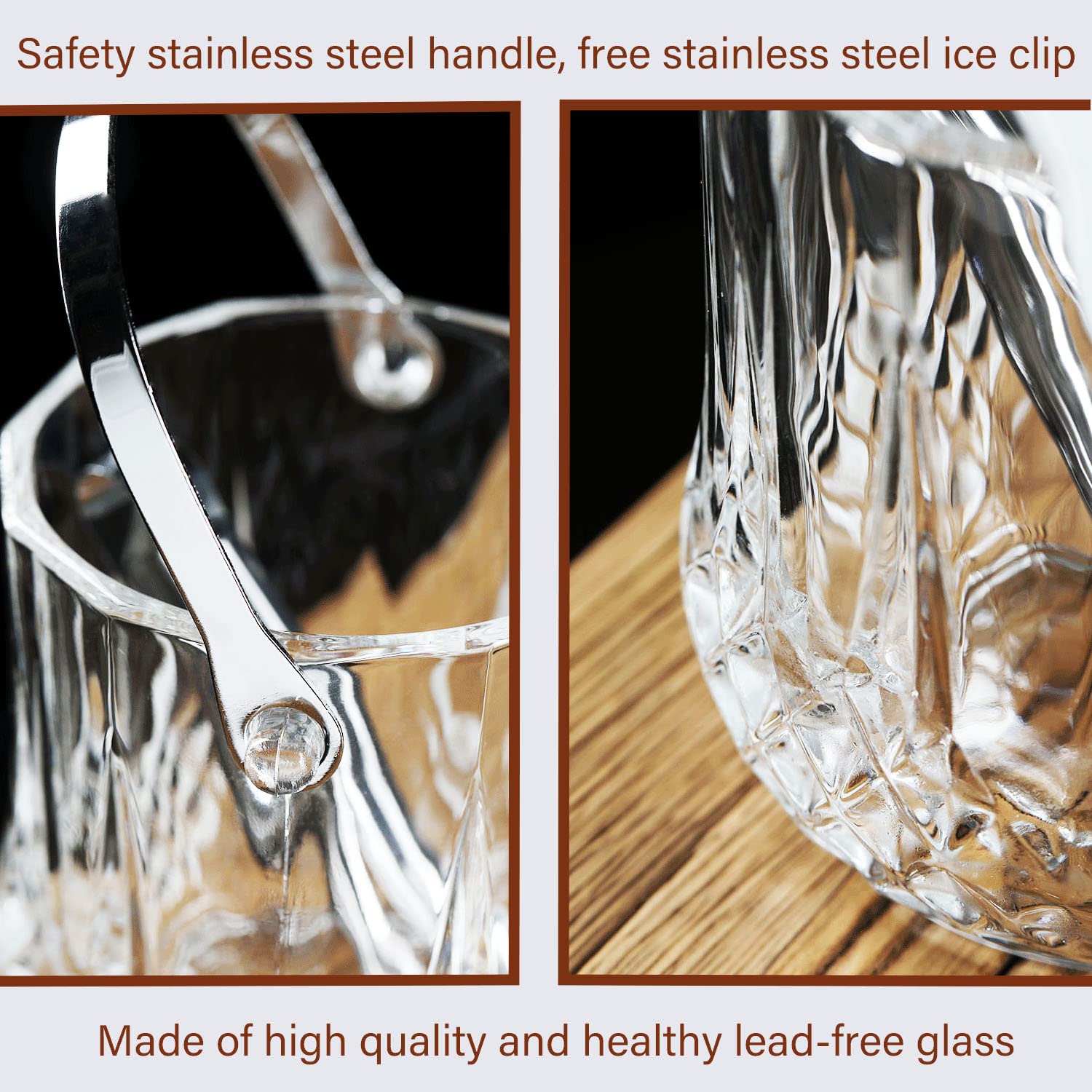 ABHOME Seau à glace en verre avec poignée en acier inoxydable et pince pour bar, fête, cocktail, barbecue dans le jardin, pique-nique, camping – Seau à vin/champagne en verre, transparent (type 1)