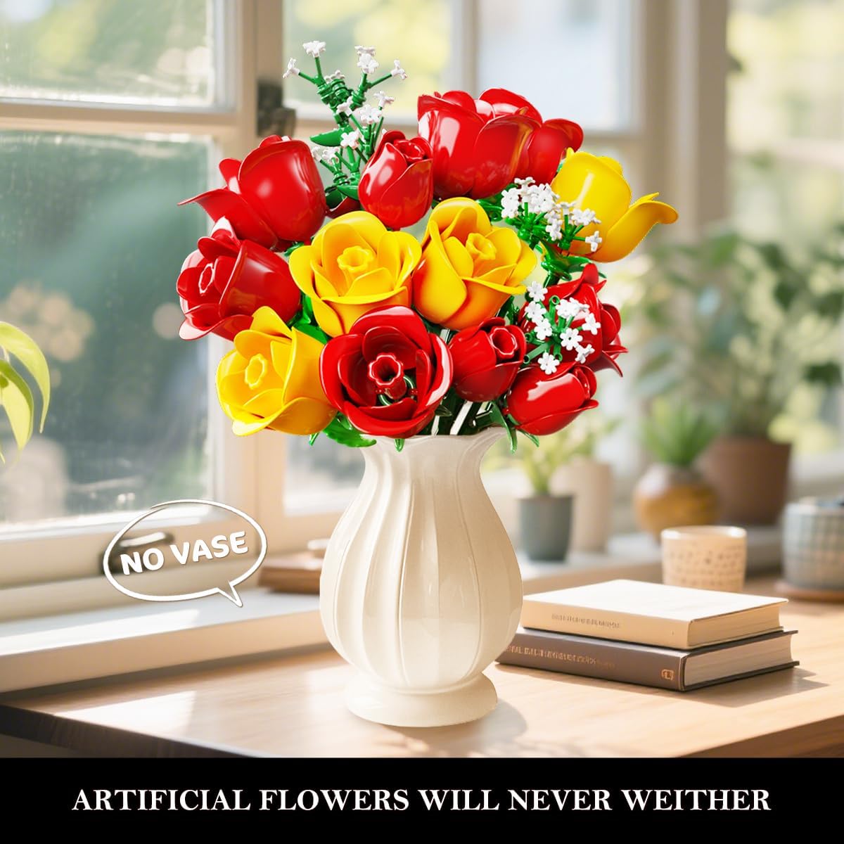 HOGOKIDS Flowers Bouquet Building Set with Lights - 16 Roses Bouquet Botanical Building Blocks Artificial Red Roses Flower for Home Decor Birthday Valentines Gifts for Adults Girl - 387PCS (Yellow) - Image 3