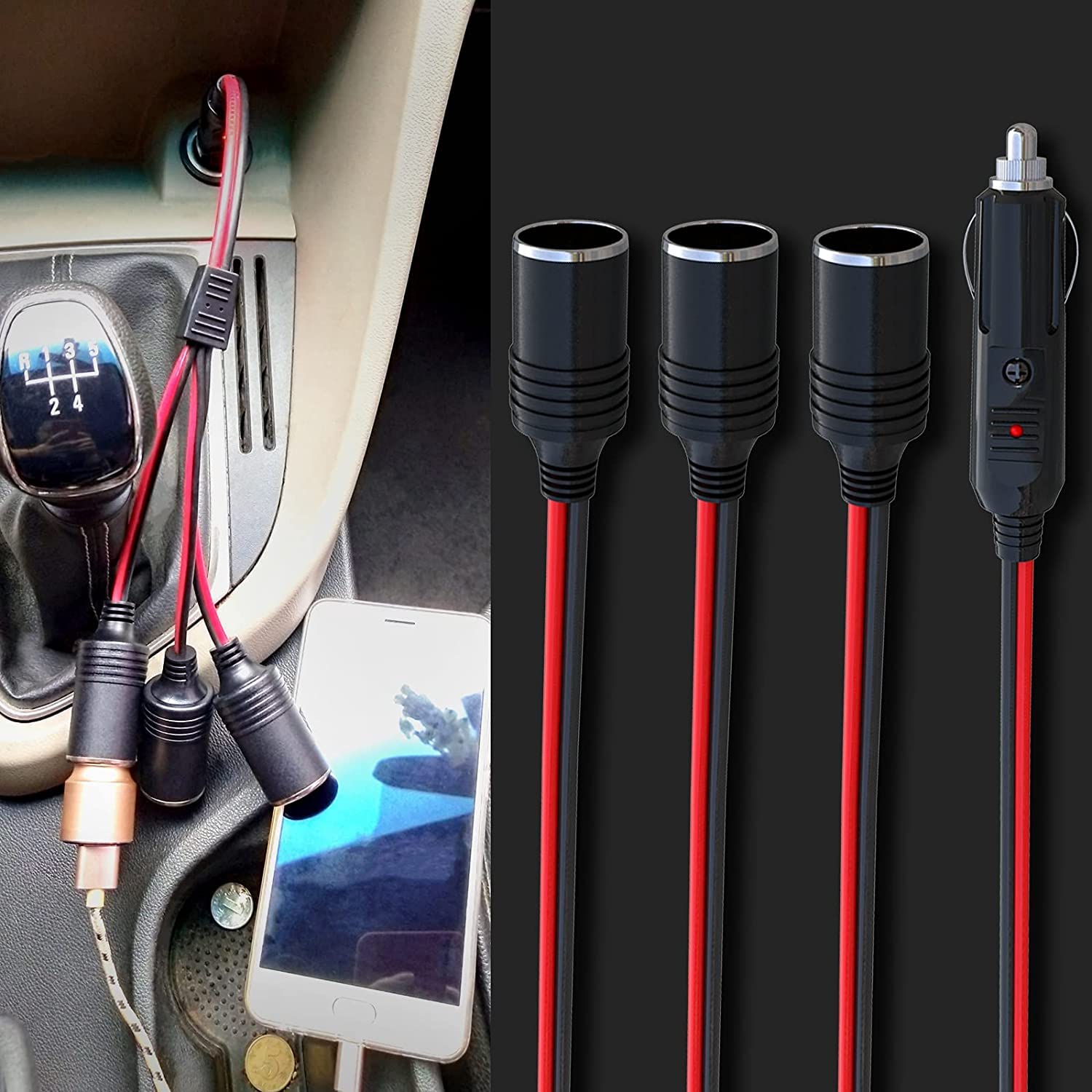 Splitter Accendisigari Auto 1 A 3 Vie Con Fusibile 16A E LED - 12V/24V, Cavo Di Estensione 27cm Per GPS, Dash Cam, Frigorifero - 2