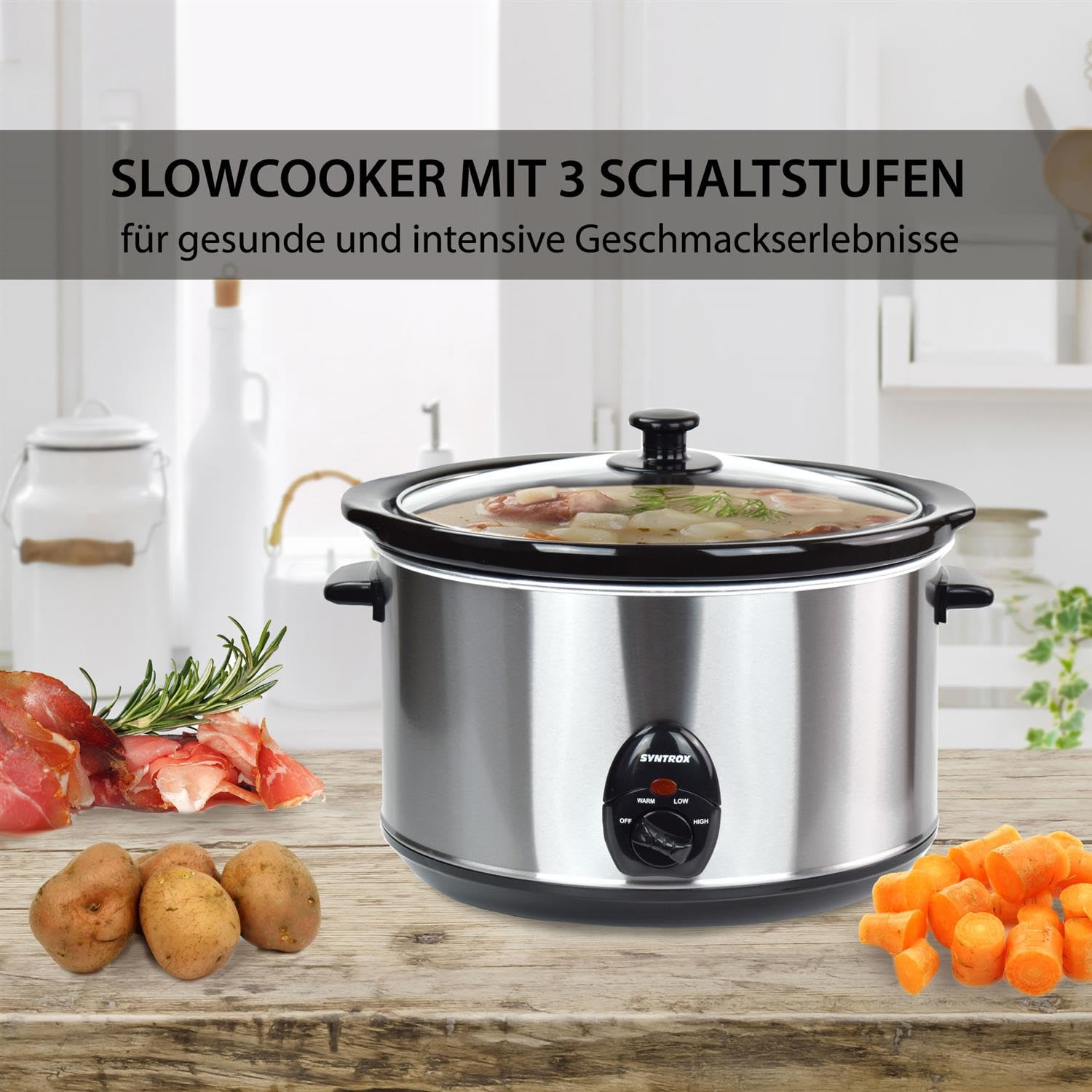 Syntrox 5,6 l Slow Cooker | Schmortopf | Schongarer | Multikocher Delixas, Warmhaltefunktion, Edelstahl, Keramik Servierschüssel, Geschirrspüler geeignet, Mikrowellengeeignet