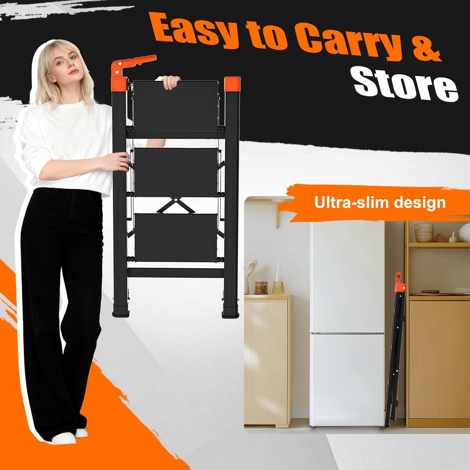 3 Step Ladder with Single Handrail,Retractable Handgrip 3 Folding Step Stool,Lightweight Aluminum Step Ladder 3 Step Folding,600lbs Max Load Capacity for Household,Kitchen,Office