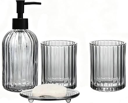 Grey Glass Bathroom Accessories Set, 4Pcs Bathroom Set with Soap Dispenser, Toothbrush Holder, Mouthwash Cup & Soap Dish, Sleek Organizer for Contemporary Home/Hotel Decor, Countertop Vanity Organize