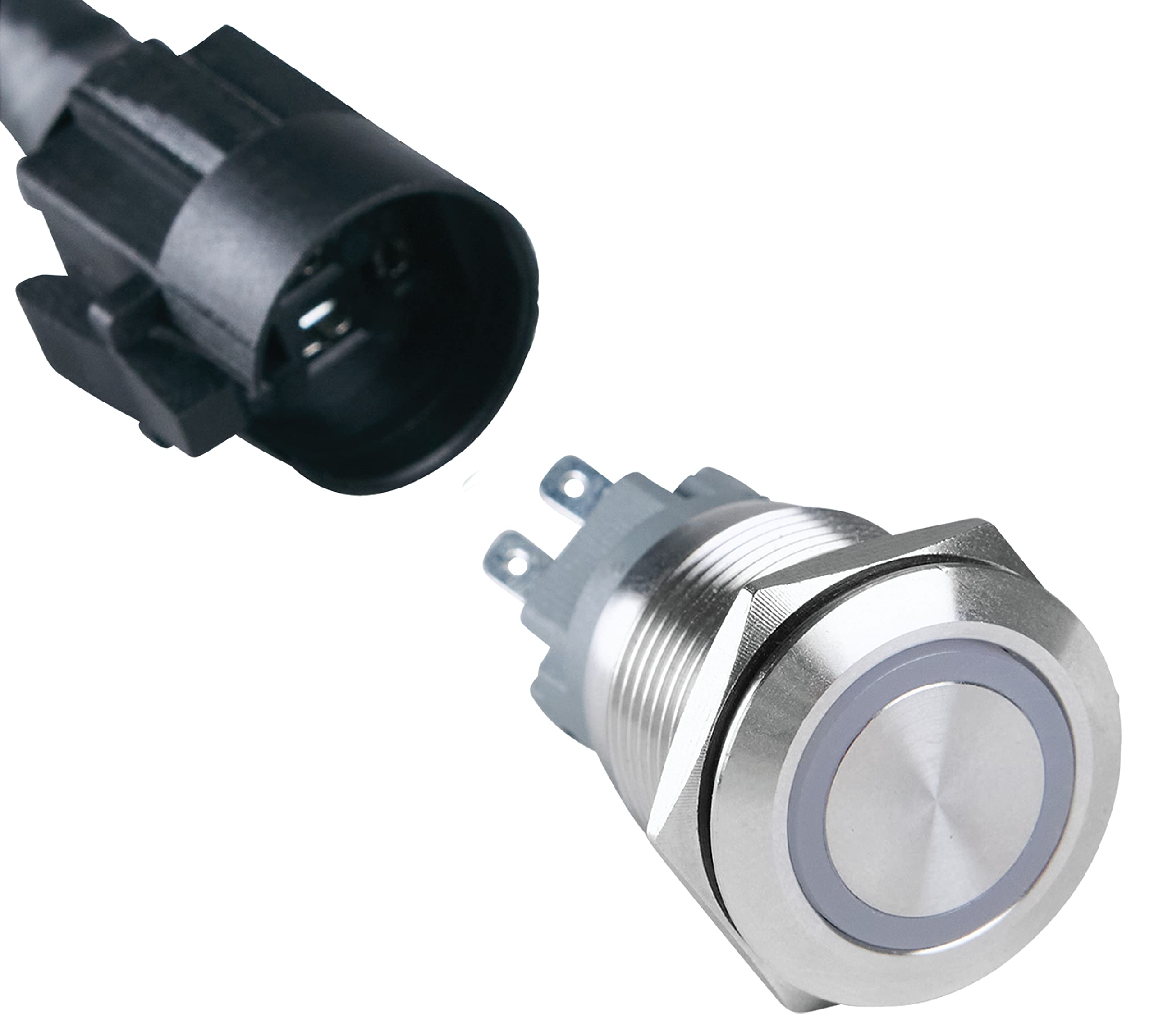 ChromaTek Full-Color RGB (WS2812) 19mm MomentaryPush Button Switch, Arduino, Raspberry Pi, ESP32, ESP8266 (Silver Shell, Flat)