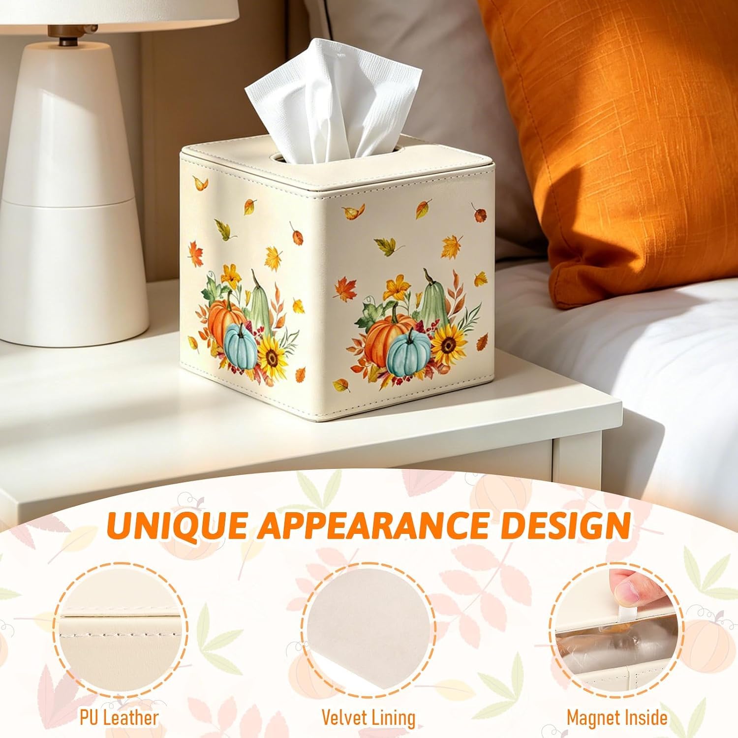 Whaline Fall Tissue Box Cover PU Leather Square Tissue Holder with Magnetic Closure Pumpkin Sunflower Leaves Facial Paper Organizer for Autumn Thanksgiving Harvest Bathroom Bedroom Home Office Decor