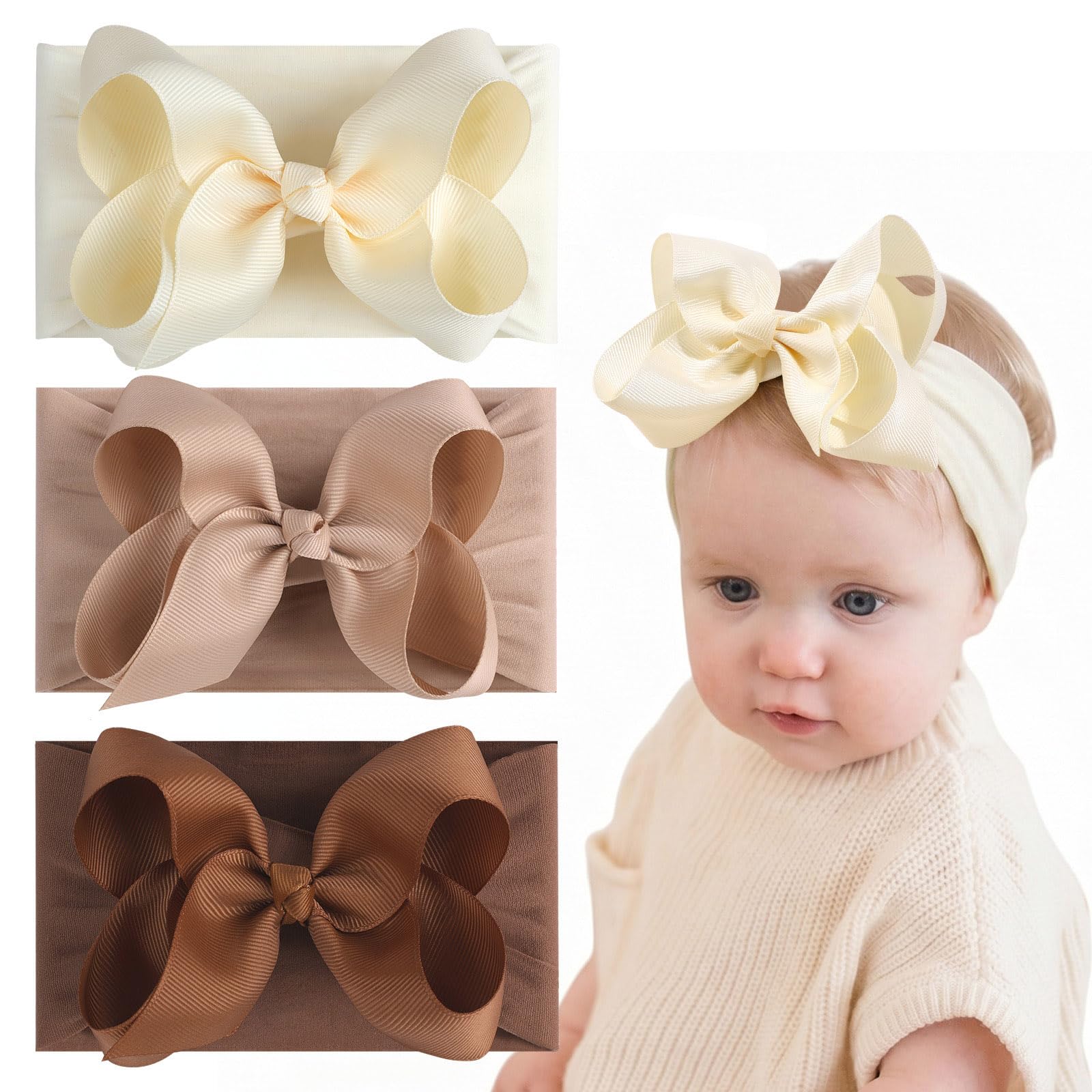 vobobe 3Pcs Baby Girls Bows Headbands Nylon Hairbands Ribbon Bow for Infant