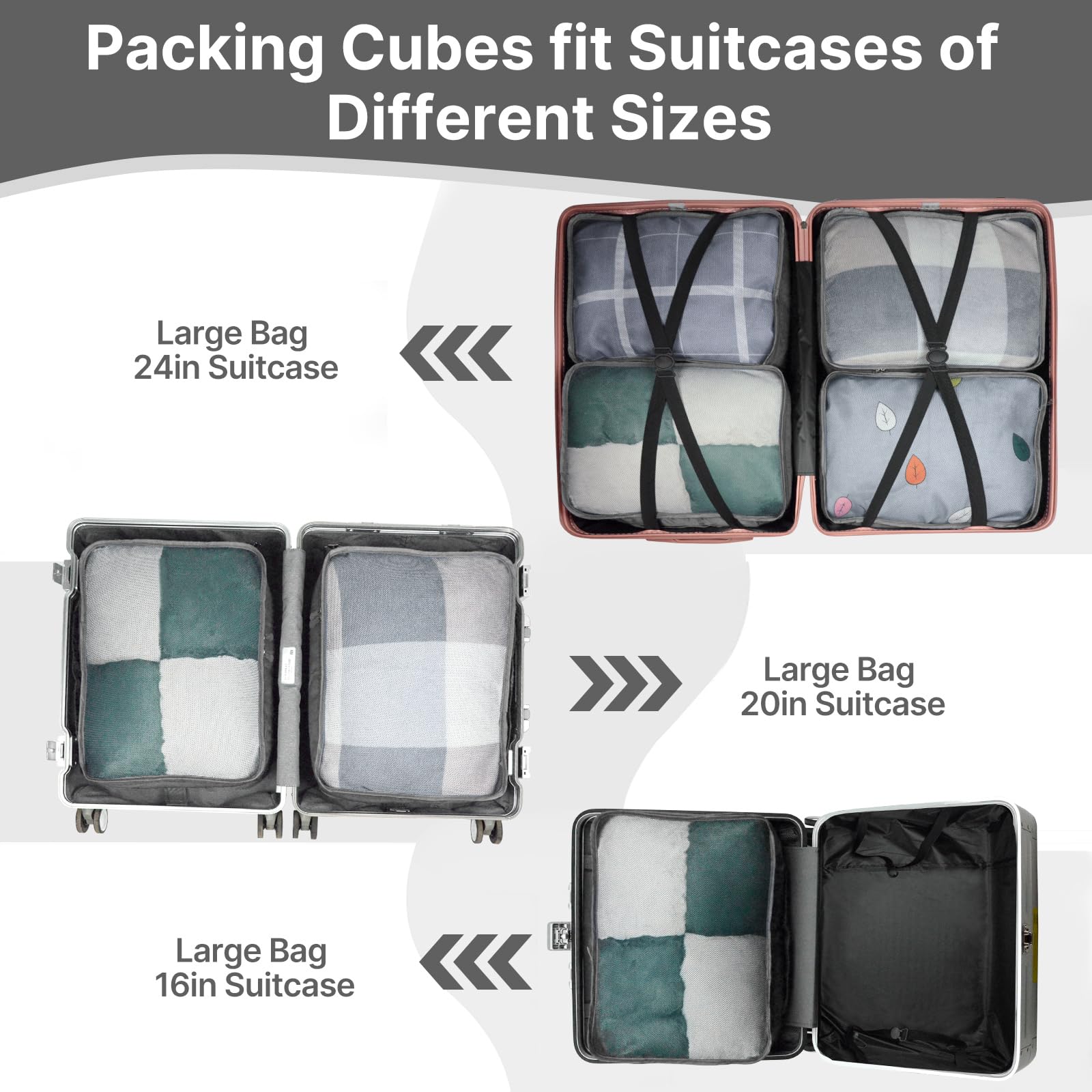Cubi da imballaggio extra large, 6 pezzi, 62 x 40 x 15 cm, borse organizer per valigie, in rete, solo extra large (grigio chiaro, 6 x XXL)