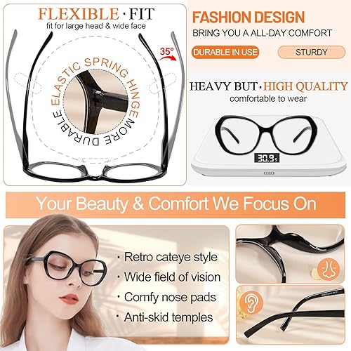 Miniatura 9 de MARE AZZURO Lentes de lectura de gran tamaño para mujer, grandes lectores de ojo de gato, 1.0 1.25 1.5 1.75 2.0 2.25 2.5 2.75 3.0 3.5 4.0 5.0 6.0