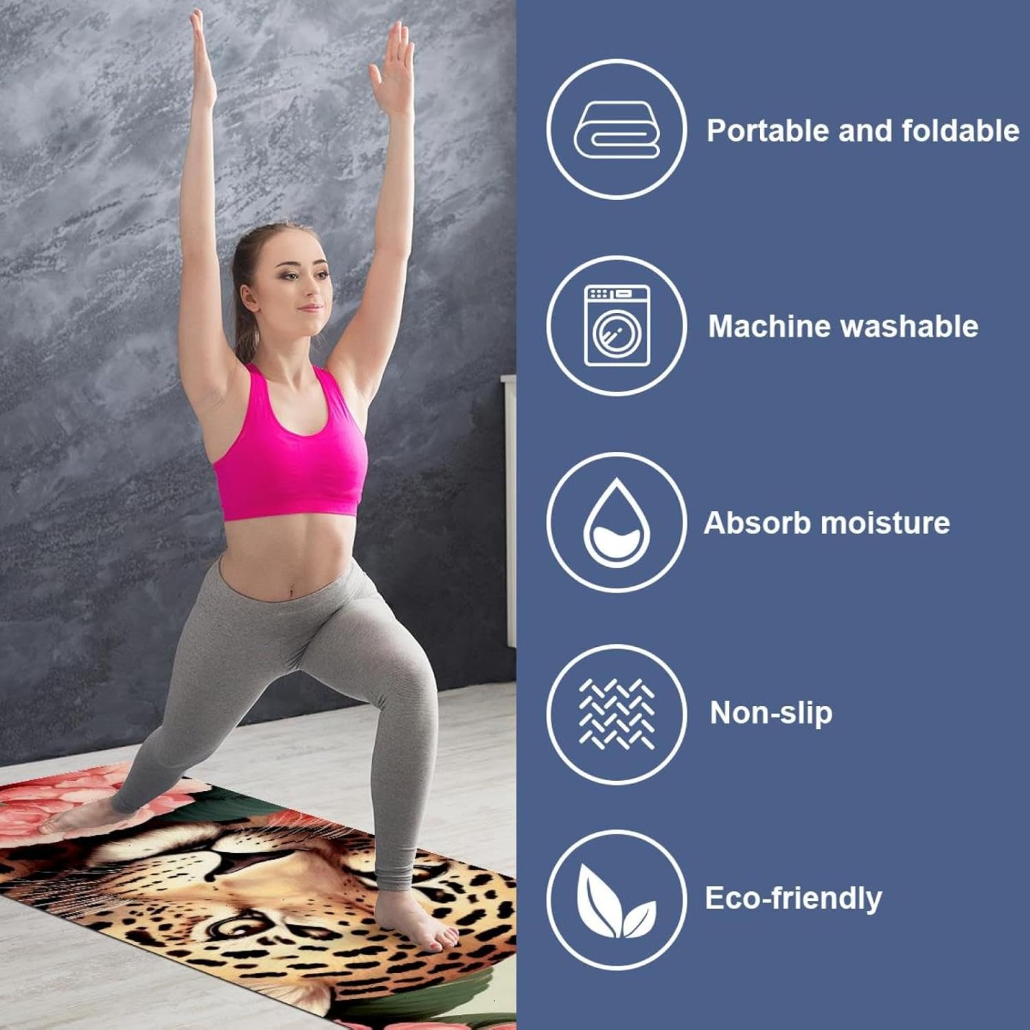 Yoga Towel, Leopard Rose Flower Non Slip Sweat Absorbent Hot Yoga Mat Towel for Hot Yoga, Pilates and Fitness - 72.8" x 26.8"