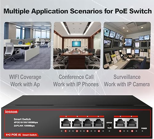 Miniatura 7 de ienRon Interruptor PoE de 6 puertos, conmutador PoE Gigabit de 4 puertos con 2 puertos Gigabit de enlace ascendente, Plug and Play con detección de