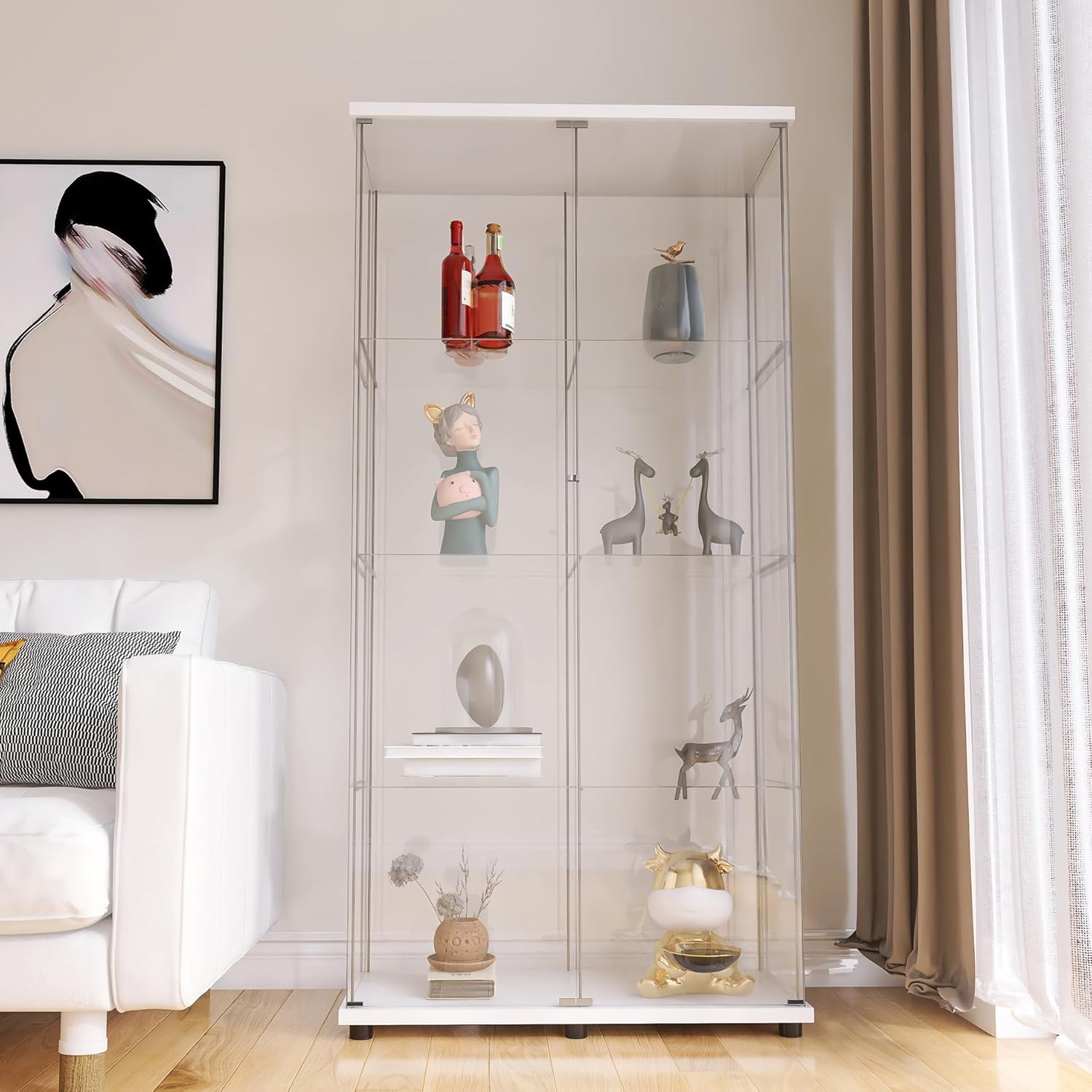 Pvillez 2-Doors Glass Display Cabinet,20 Minutes Quick Assemble Large Curio Cabinets with Shelves,Tempered Glass Display Case Bookshelf Storage Cabinet for Living Room Bedroom Office