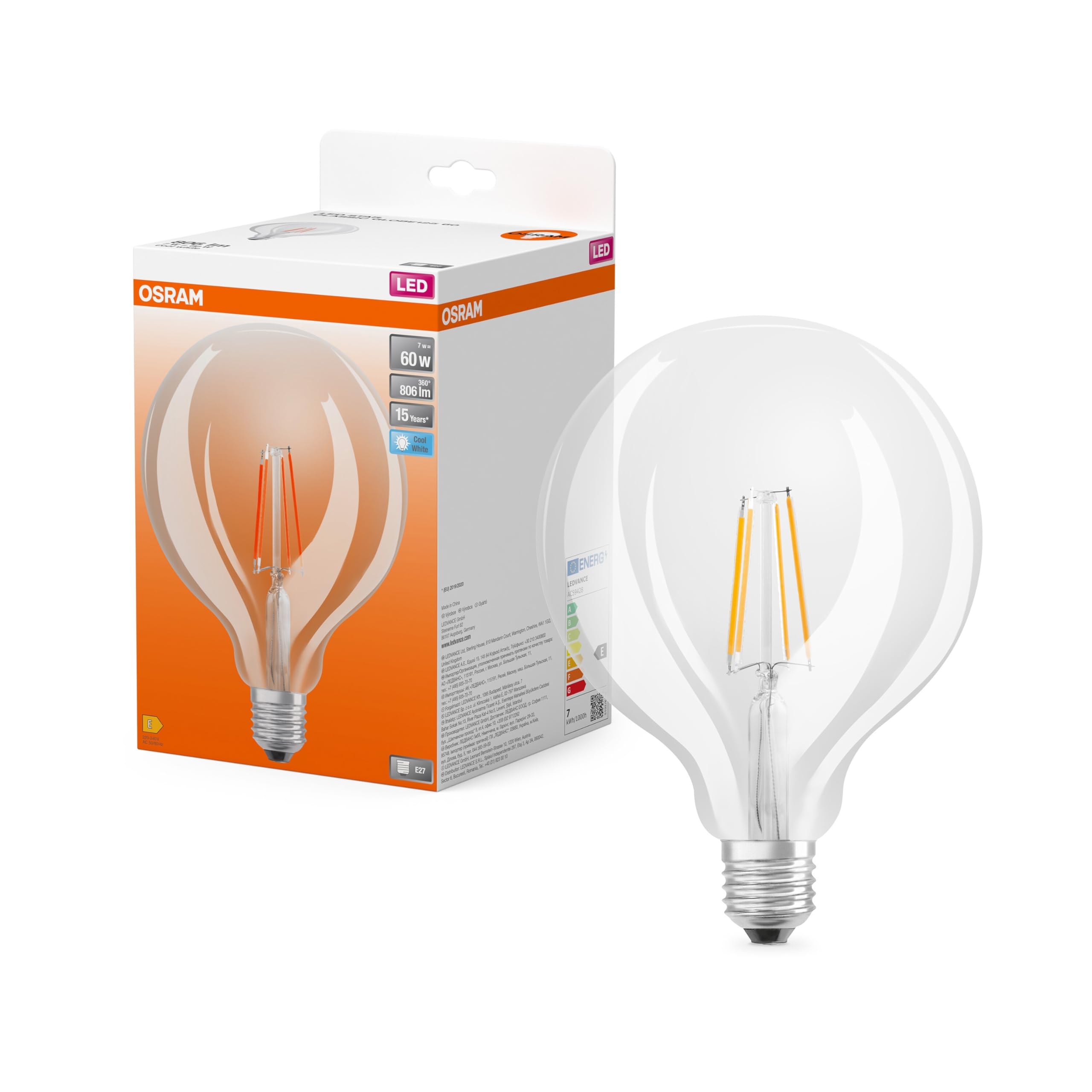 Osram LED Star Globe Classic Ball LED Lamp 7W / 806lm 4000K for Cool White Light CRI 80 Clear Lead Free Glass E27 Base IP20 EEK E 125mm Diameter