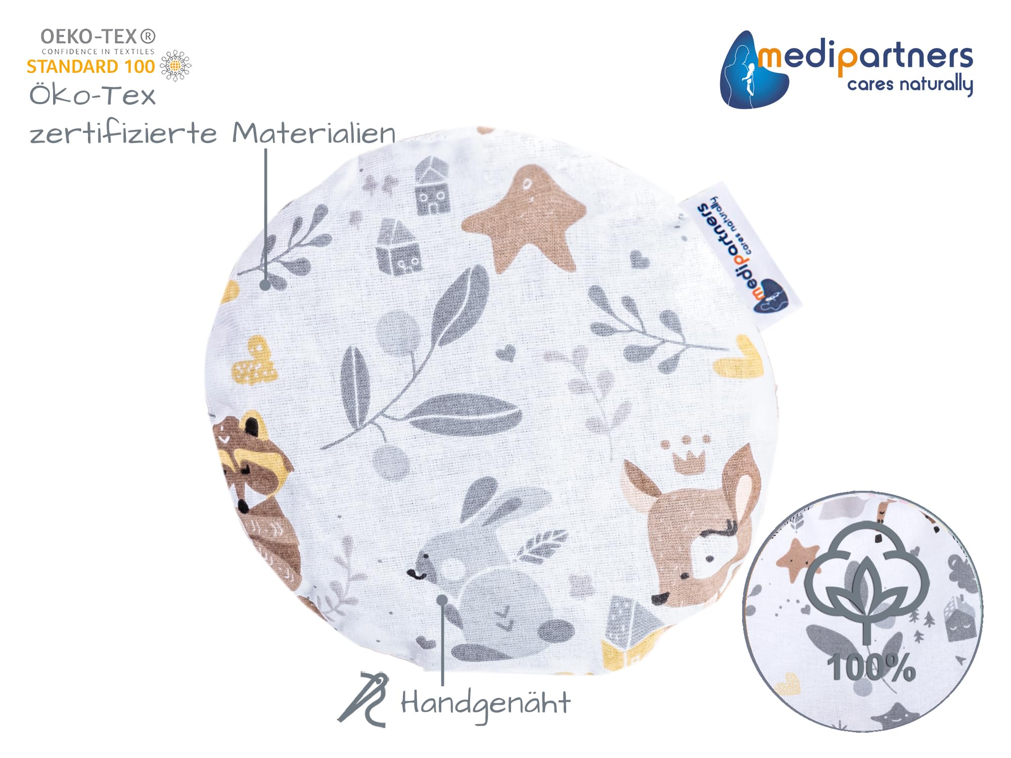 Besuche den Medi Partners- Medi Partners Kirschkernkissen Mikrowelle für Babys 180g rund 15cm Körnerkissen Wärmekissen 100% Baumwolle Öko Natur - Kirschkernkissen Wärme + Kältetherapie Massagetherapie (Reh) in use