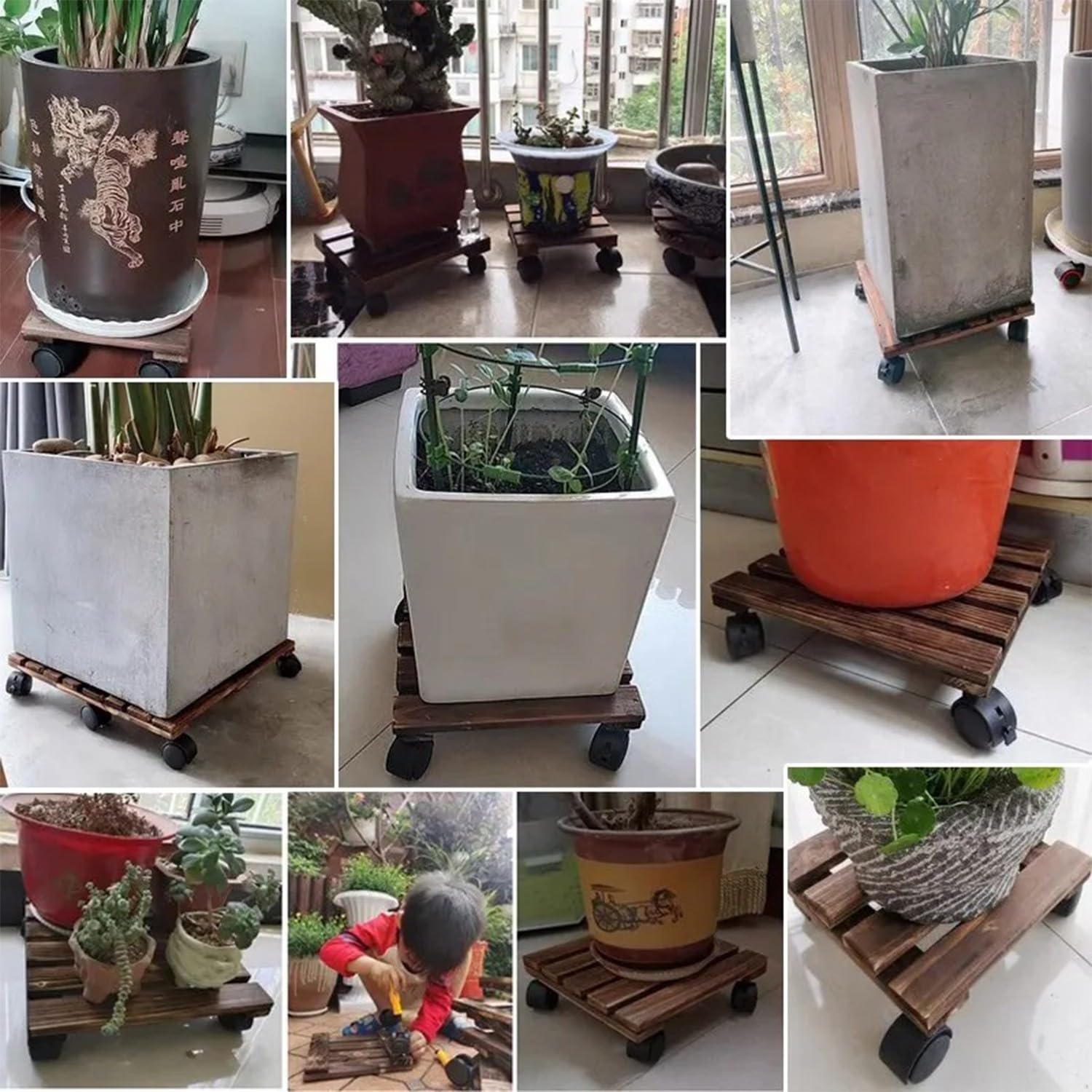 Base con Ruedas, Soporte, Rodante para Plantas, Base De Jardinera con Ruedas, Plataforma con Ruedas, Capacidad De Carga 40 Kg, Base De Jardinera De Madera Maciza Patio Ajardinado 60cm×25cm
