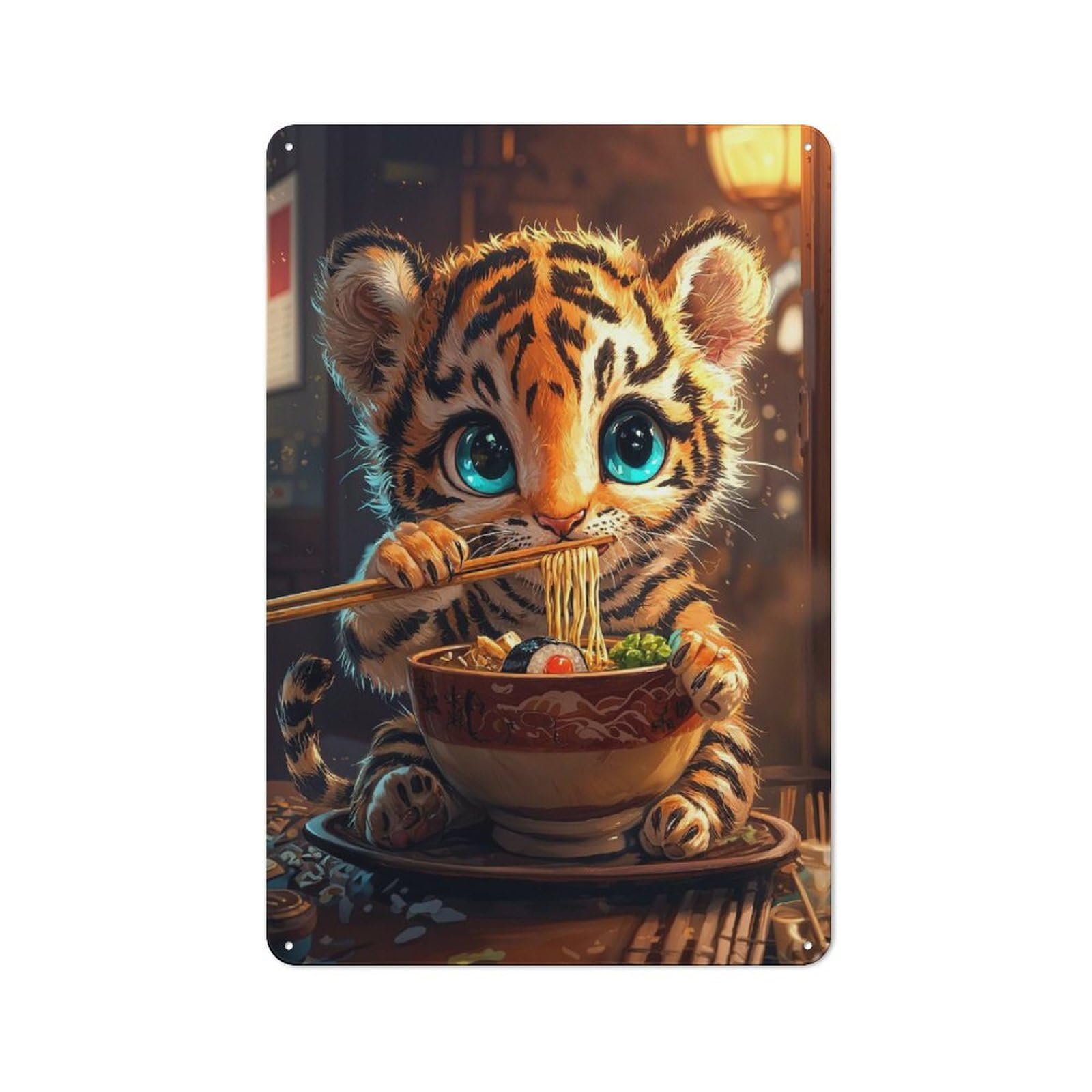Junmoney Style-20 Cute Tiger Eating Ramen Tin Wall Plaque 30X20cm, Barn Style Rustic Kitchen Decor For Farmhouse Kitchen, Pantry Or Dining Area