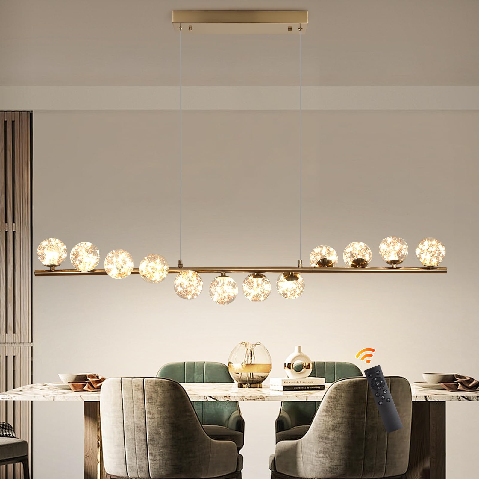 GEADI Gold Kronleuchter 120CM Modern Globe Pendelleuchte Esstisch mit 12 Glaskugel Lampenschirme Einstellbare Hängeleuchte 50W Led Hängelampen für Esszimmer, Wohnzimmer, Küchen, Lounge