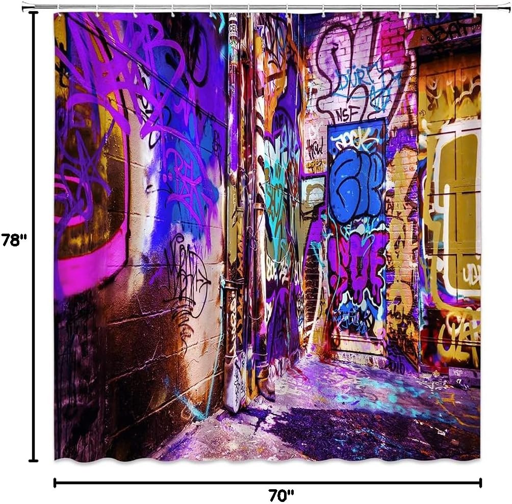 BST Colorful Graffiti Shower Curtain, Street Graffiti Abstract Art Creative Street View Colorful Home Bathroom Curtains Decor Polyester Fabric Quick Drying Include Hooks