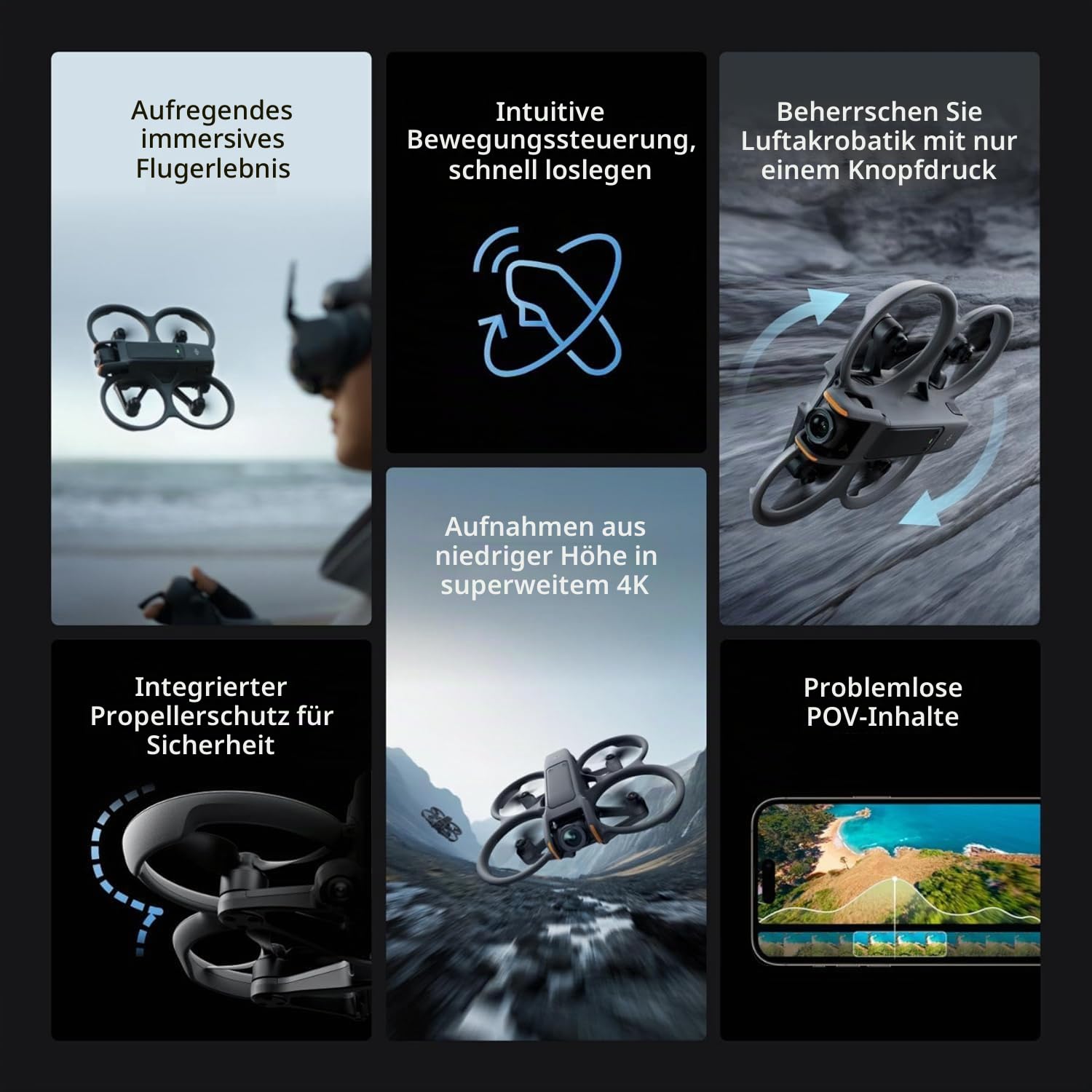 DJI Avata 2 Fly More Combo (3 Batterien), FPV-Drohne mit 4K-Kamera, immersives Erlebnis, Ein-Klick-Akrobatiken, integrierter Propellerschutz, 155° Bildwinkel, Kamera-Drohne konform mit FAA Remote ID
