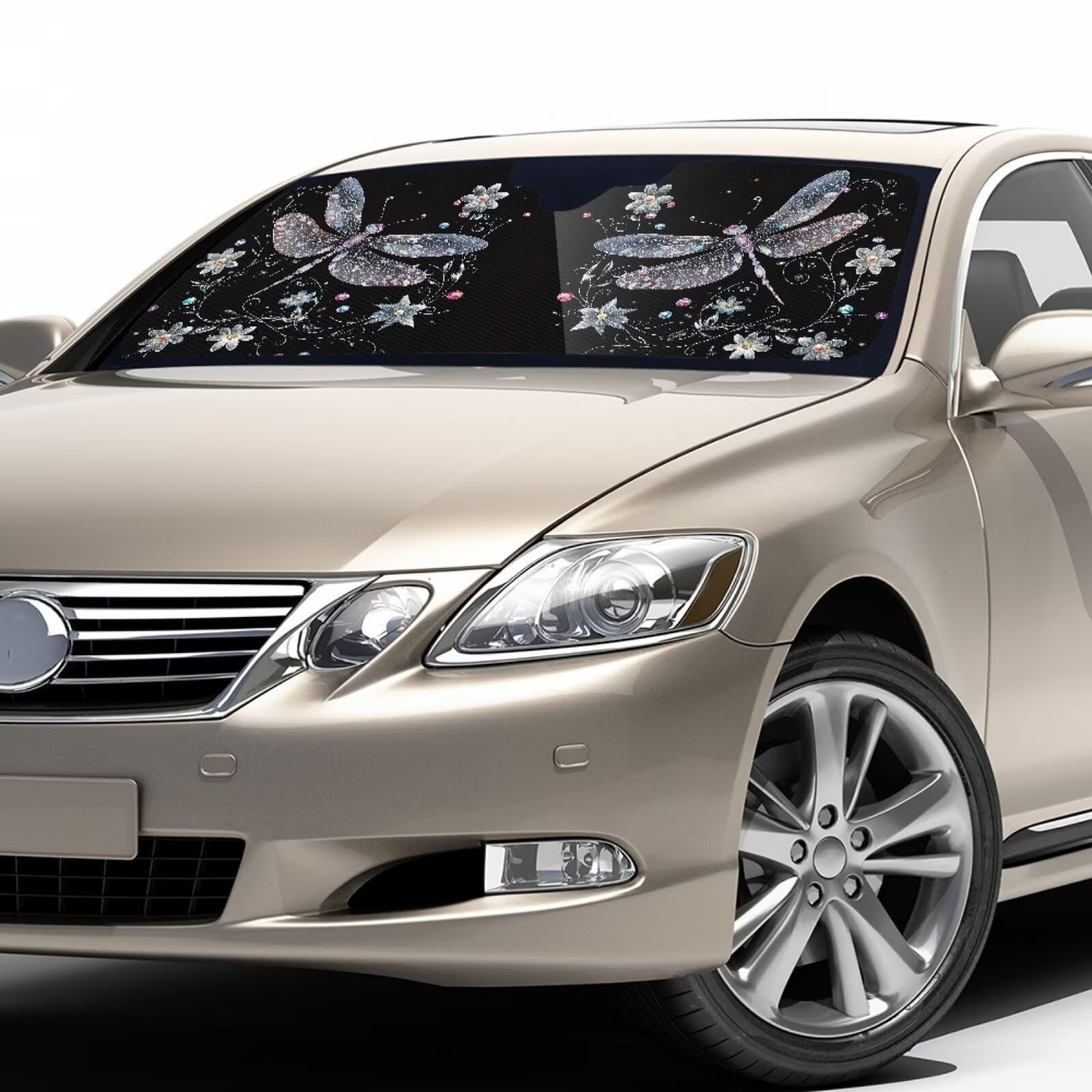BIGCARJOB Art Black Libellen-Auto-Sonnenschutz für Frontscheiben, Sonnenblende, Blockkunst, Libellen-Druck, Auto-Windschutzscheibe, Sonnenschutz, universelle Passform
