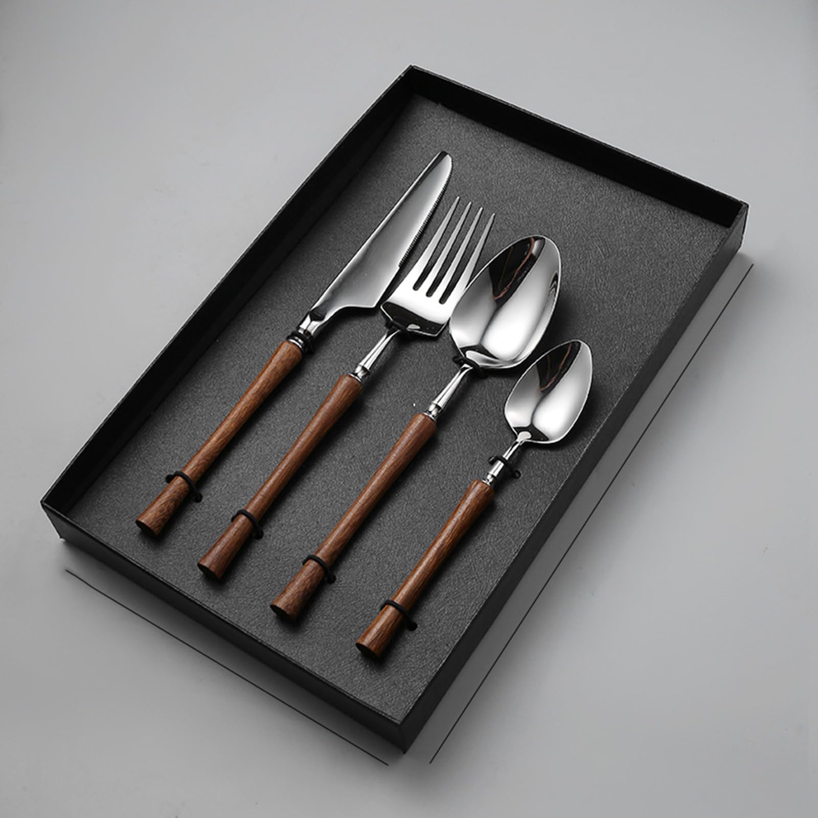 Este Juego de Cubiertos de Madera de 48 Piezas para 12 Personas Incluye un Elegante Juego de Cubiertos de Acero Inoxidable para la Mesa, Ideal para el hogar, la Cocina o el Restaurante. Cuen