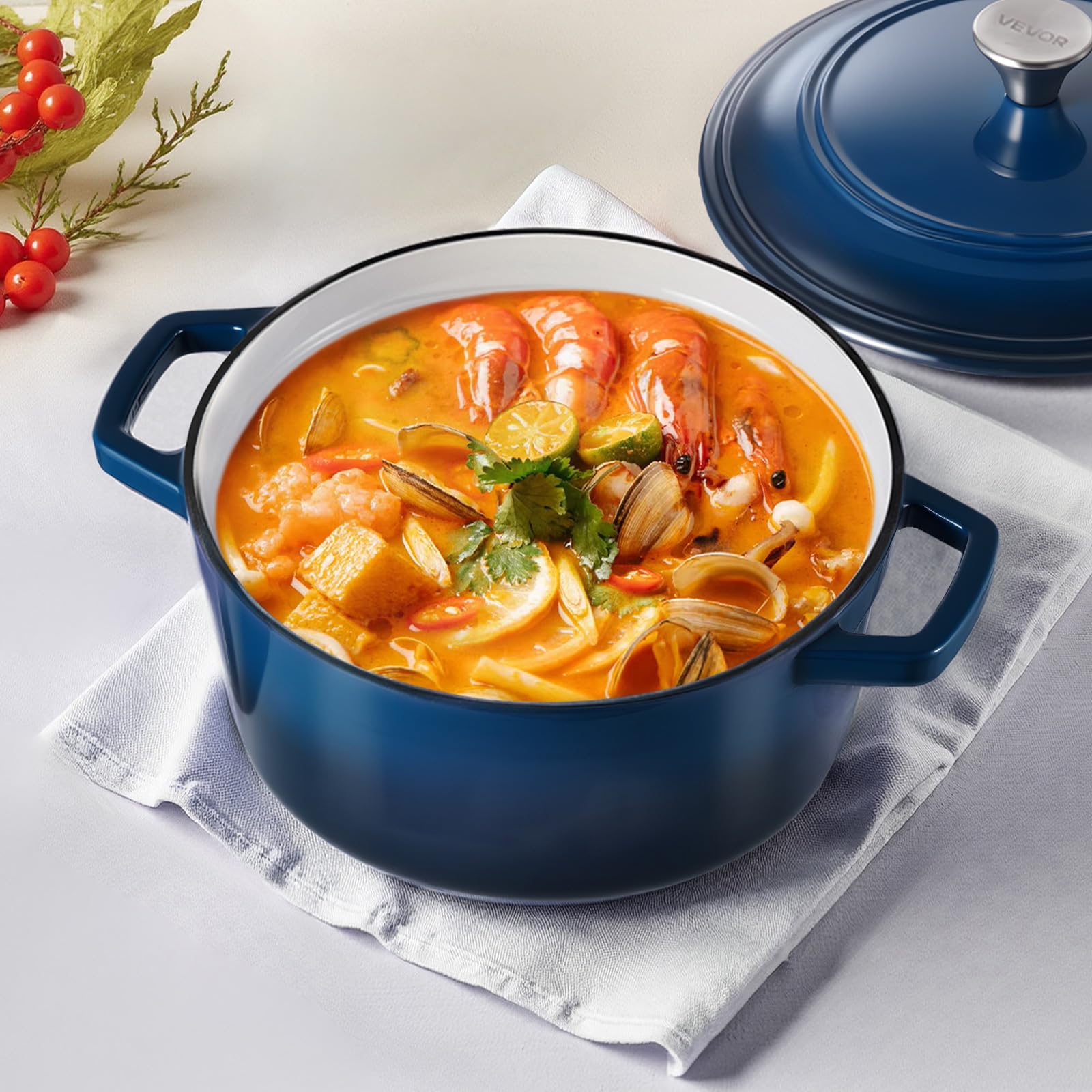 VEVOR Cocotte en fonte 5,68 L, marmite émaillée avec couvercle et deux poignées, robuste et durable, pour les fours à induction jusqu'à 260 °C, pour braiser, mijoter, rôtir et cuire le pain, bleu