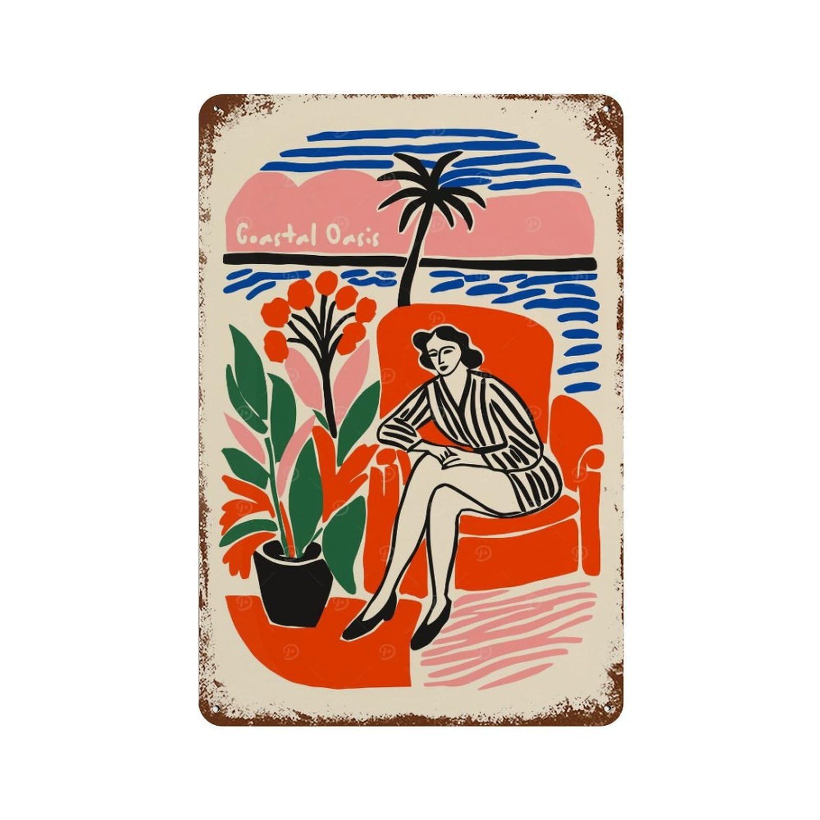 Coastal Oasis Illustration with Woman Decorative Tin Sign 11.8"x7.9", for Bistro, Counter And Cafe Decor, Novelty Wall Decor