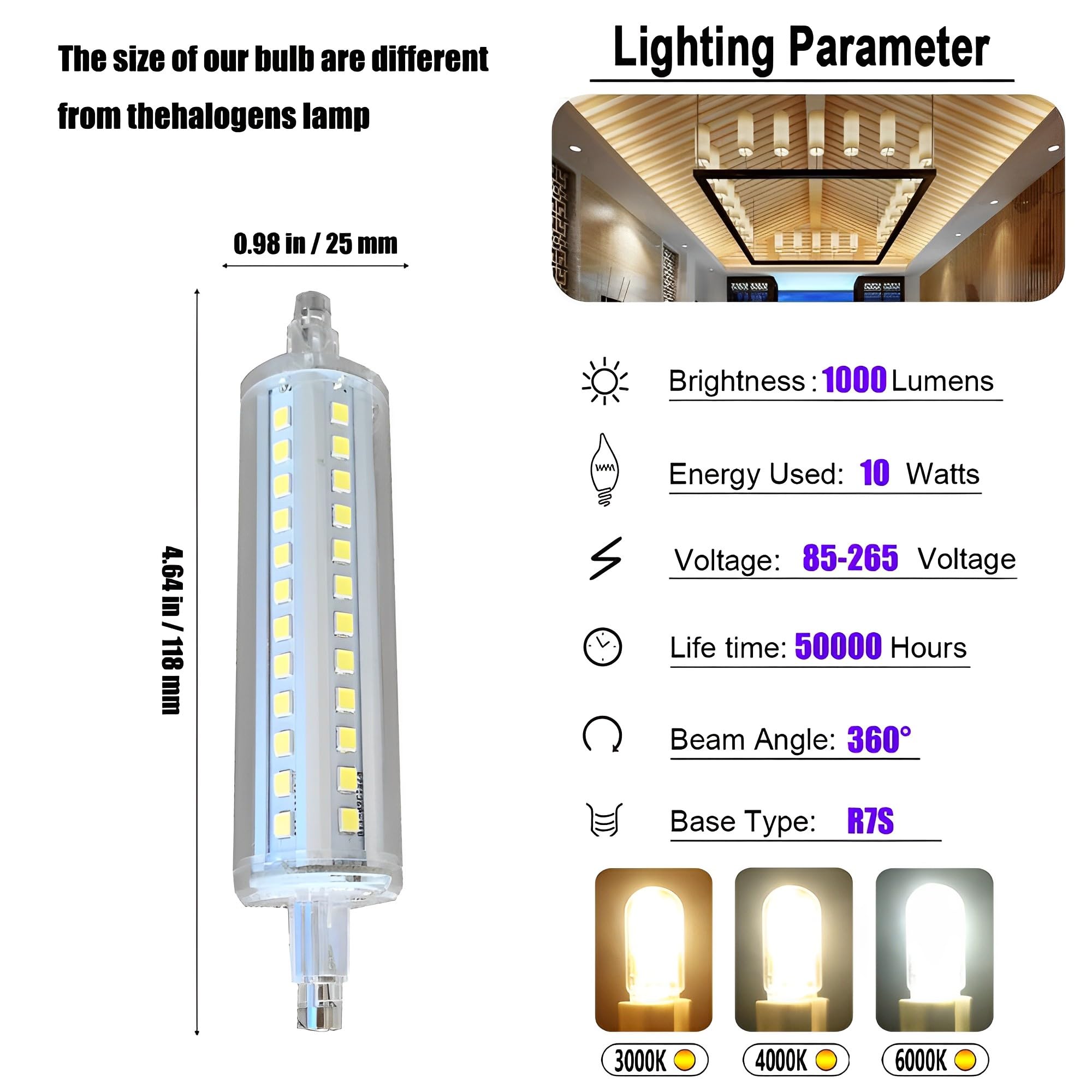10W 1000LM R7S J118 118MM Bombillas LED R7S Base 100W Bombilla halógena de tungsteno Bombillas de Repuesto para iluminación de Taller Lámparas de pie (Paquete de 10)