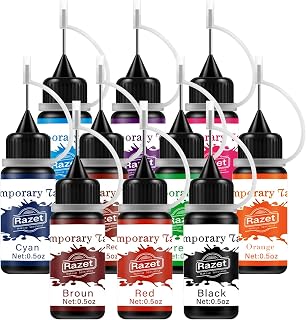 Tinta para Tatuar Temporales 0.5oz (15ml) Tattoo Ink 10 Colores-Negro, Marrón, Rojo etc - Accesorios para Plantillas de Tatuajes,para Pintar Cuerpo